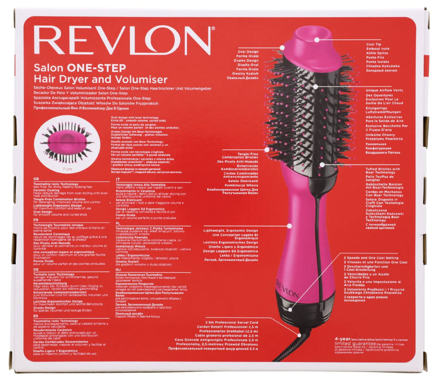 Revlon Salon One-Step Haartrockner und Volumizer-Verpackung mit in mehreren Sprachen aufgelisteten Funktionen, die einen rosa-schwarzen Föhn-Bürste zeigt.