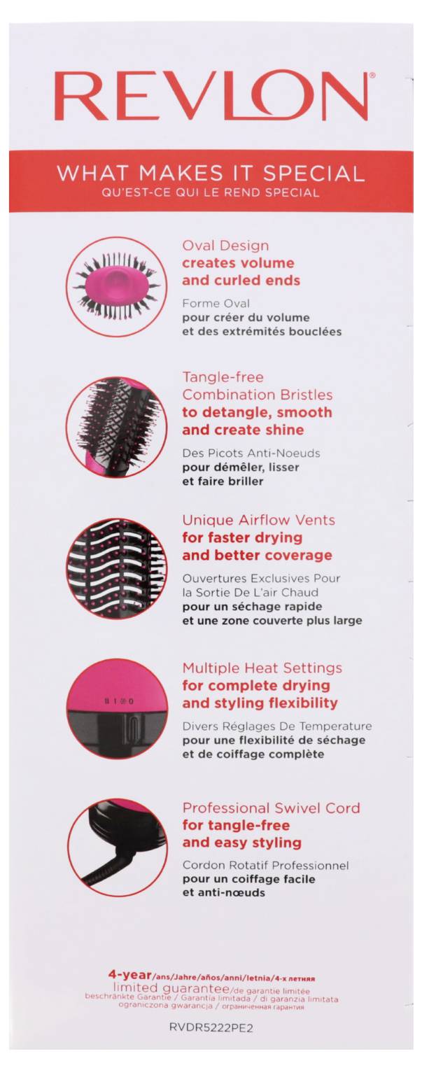 'Revlon: Was macht es besonders' Produktbox mit hervorgehobenen Funktionen, einschließlich ovales Design, verhedderungsfreie Borsten, Luftstromöffnungen, Styling-Formate und drehbares Kabel für einfache Handhabung.