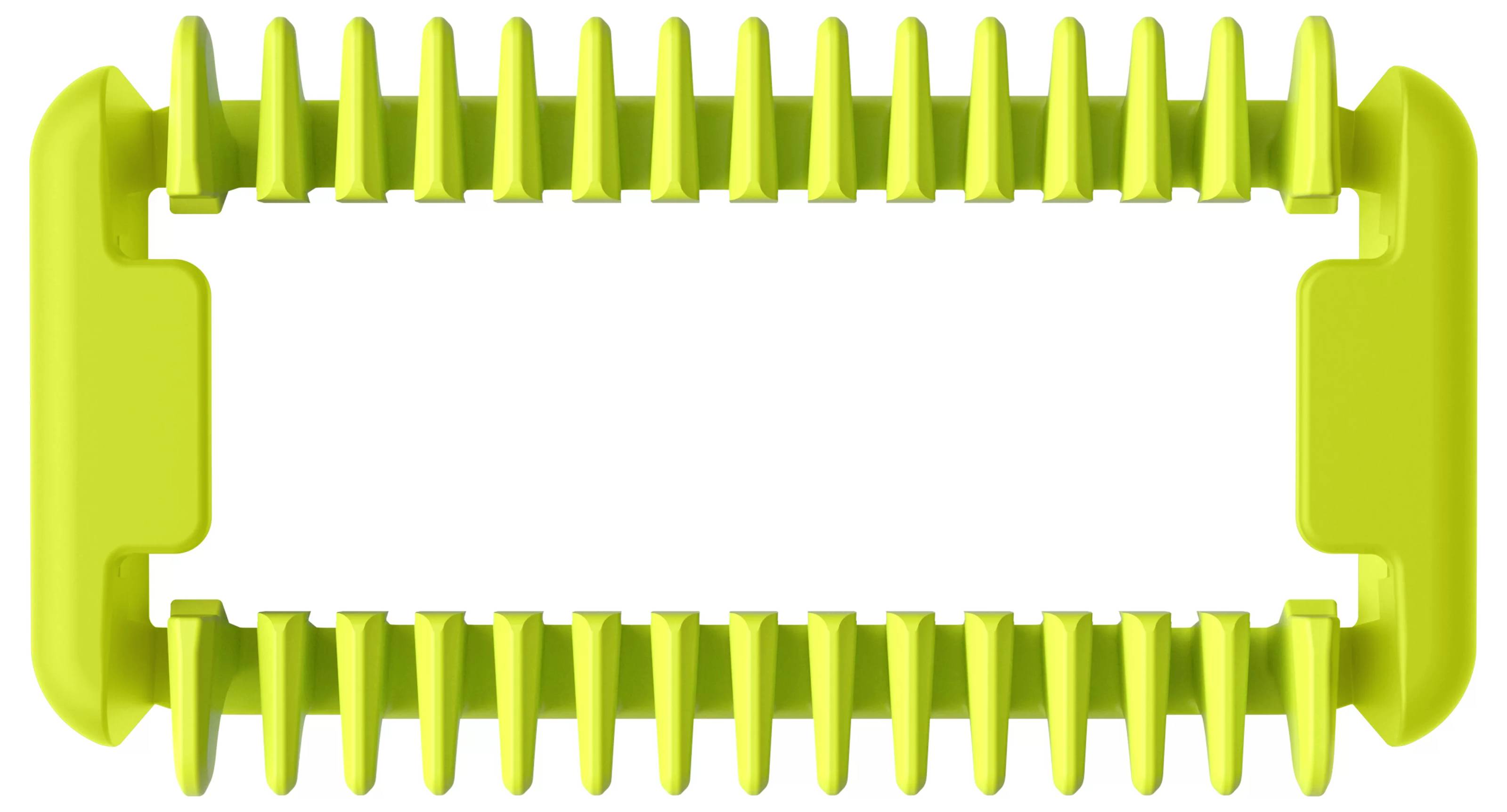 Eine rechteckige, gelbe Sägeblattschutzabdeckung mit Zähnen an beiden Längenseiten, die zum Schutz von Sägeblättern während der Nichtbenutzung dient.