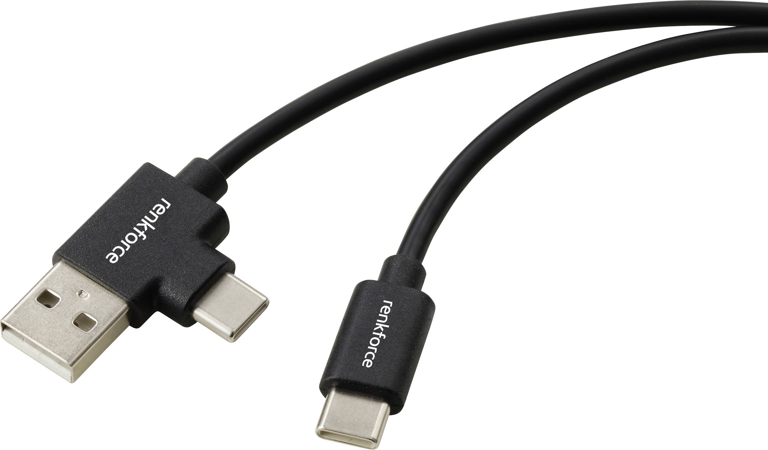 Schwarzes USB-A-zu-USB-C-Kabel mit einem abgewinkelten USB-C-Stecker, gezeigt auf weißem Hintergrund.