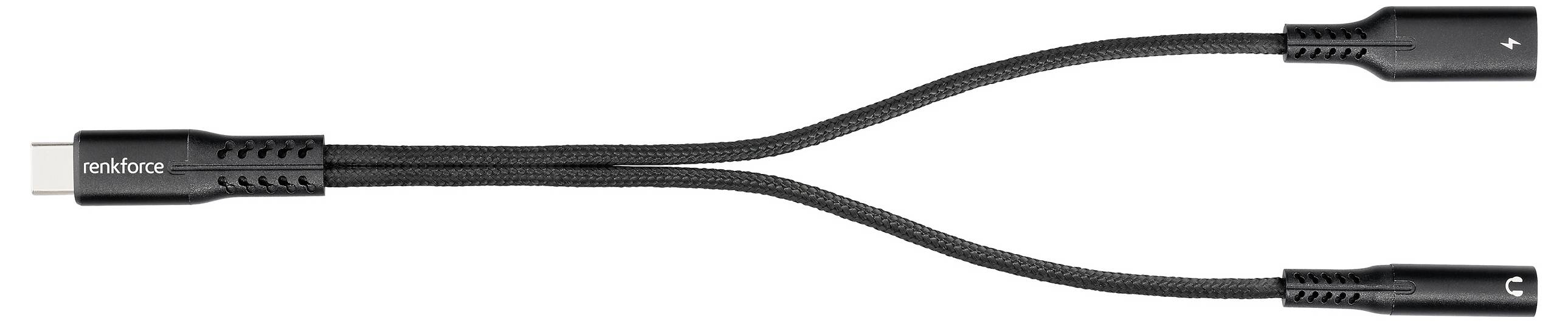 Renkforce USB-C®, Audio Adapterkabel [1x USB-C® Stecker - 1x USB-C® Buchse (Power Delivery), Klinkenbuchse 3.5 mm] 15cm Flexibel