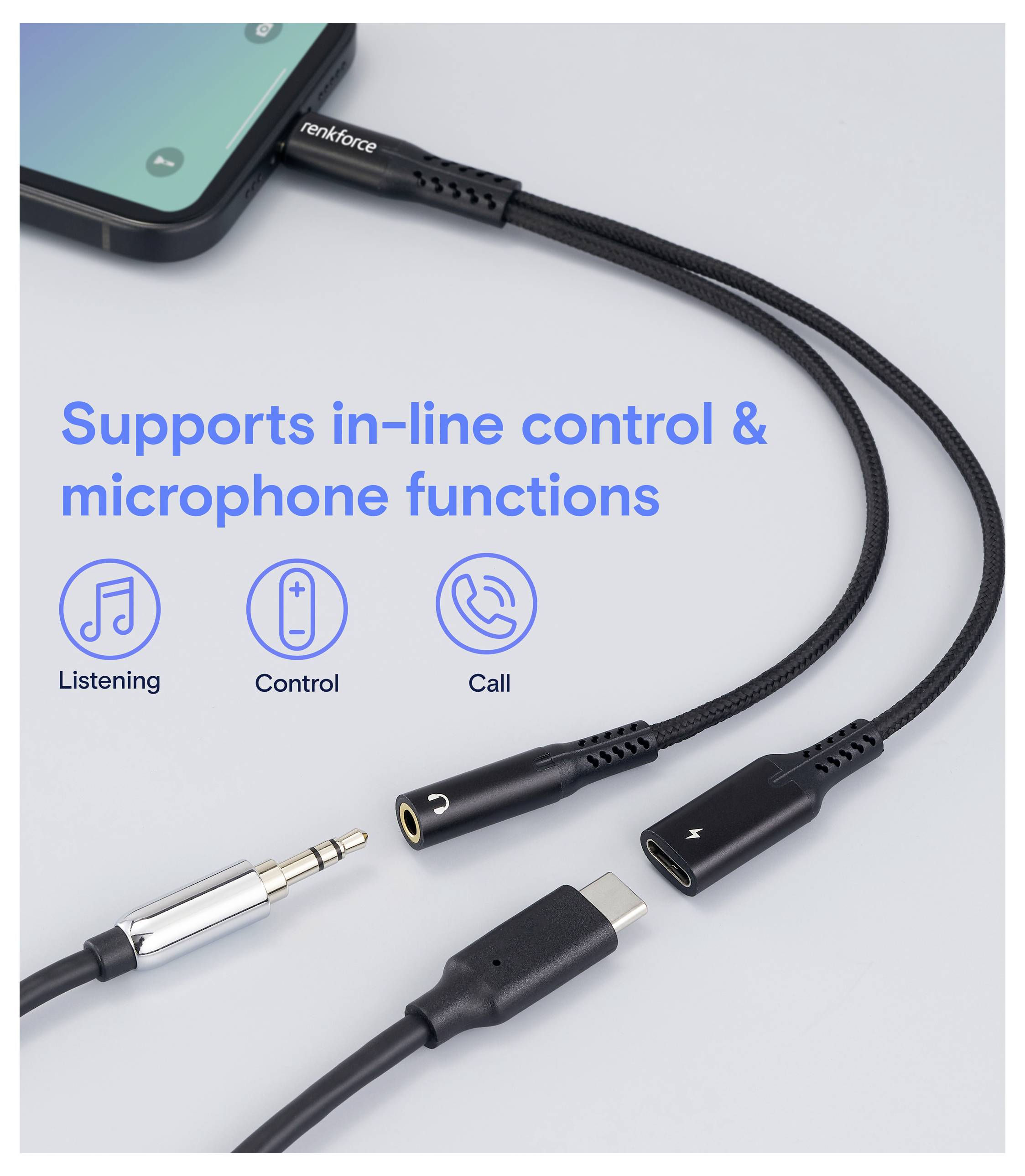 Renkforce USB-C®, Audio Adapterkabel [1x USB-C® Stecker - 1x USB-C® Buchse (Power Delivery), Klinkenbuchse 3.5 mm] 15cm Flexibel