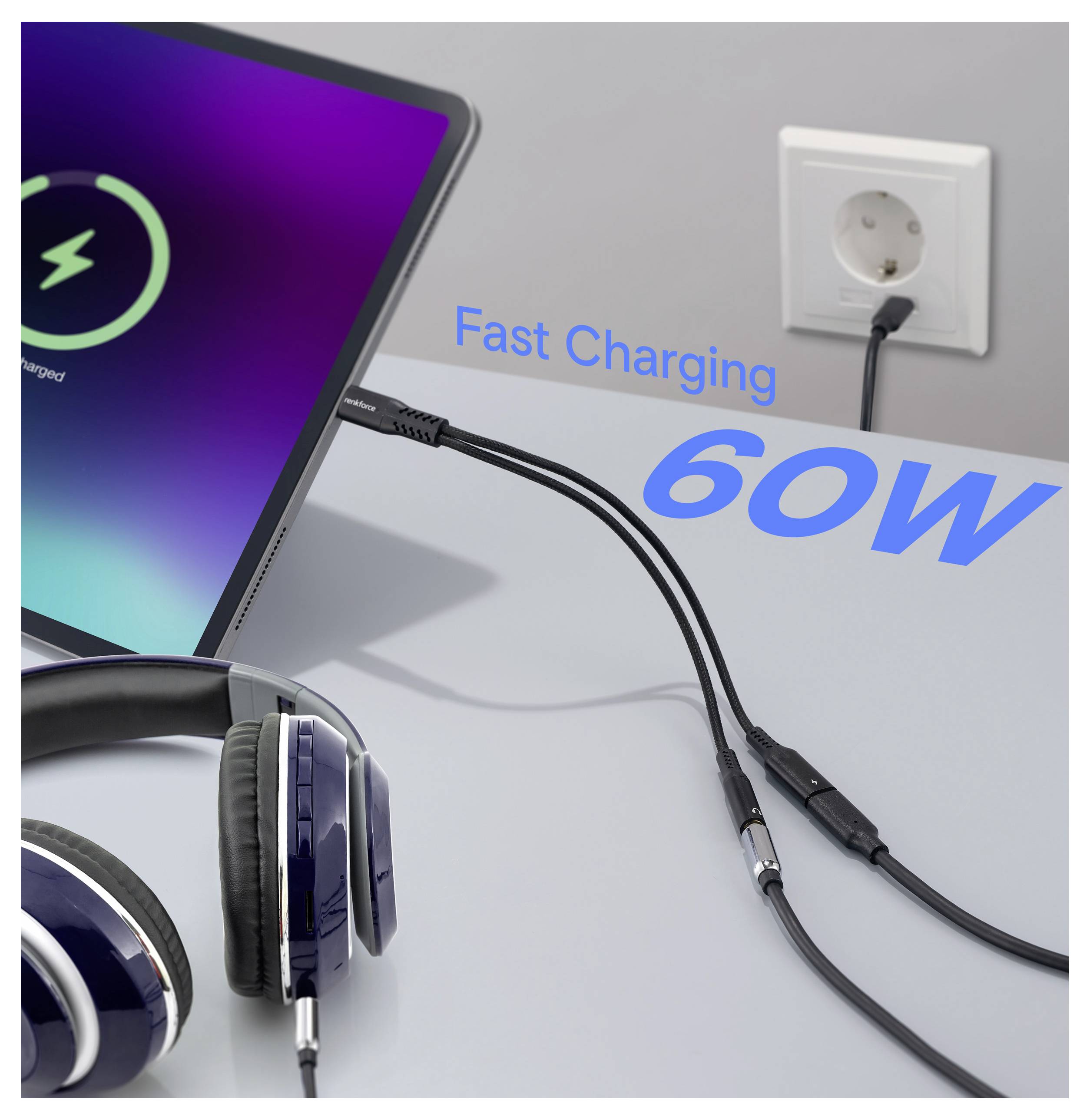 Renkforce USB-C®, Audio Adapterkabel [1x USB-C® Stecker - 1x USB-C® Buchse (Power Delivery), Klinkenbuchse 3.5 mm] 15cm Flexibel