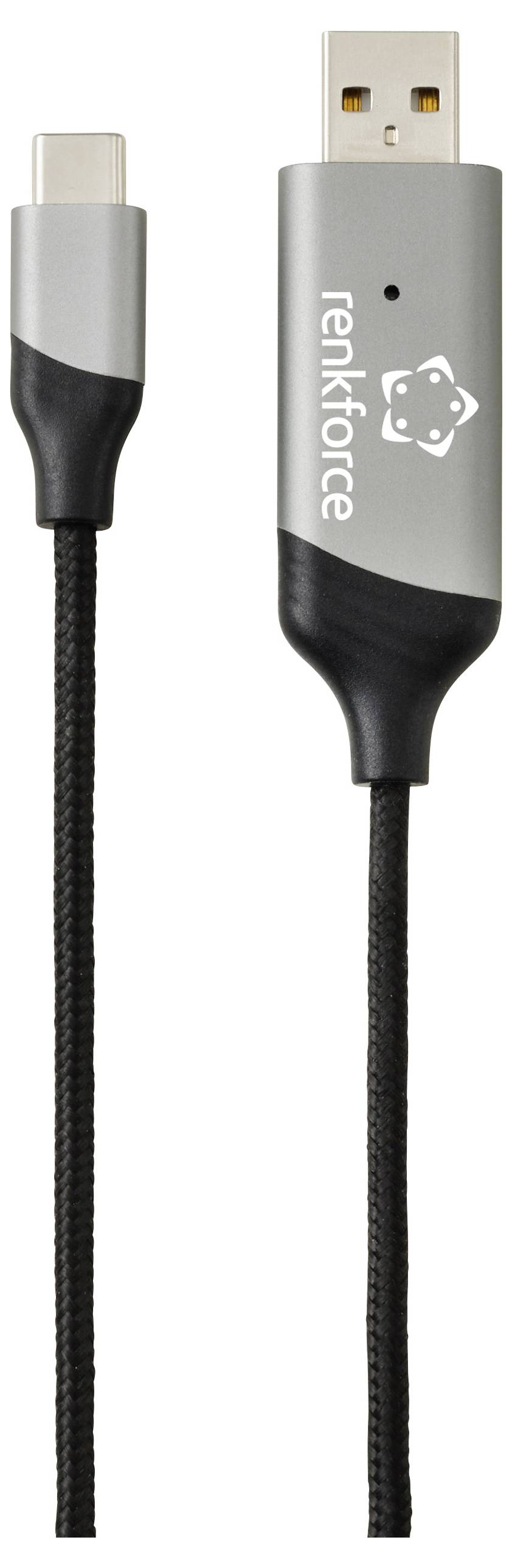 Ein USB-C-zu-USB-A-Kabel zum Datentransfer und Laden mit gewebtem Design und der Beschriftung 