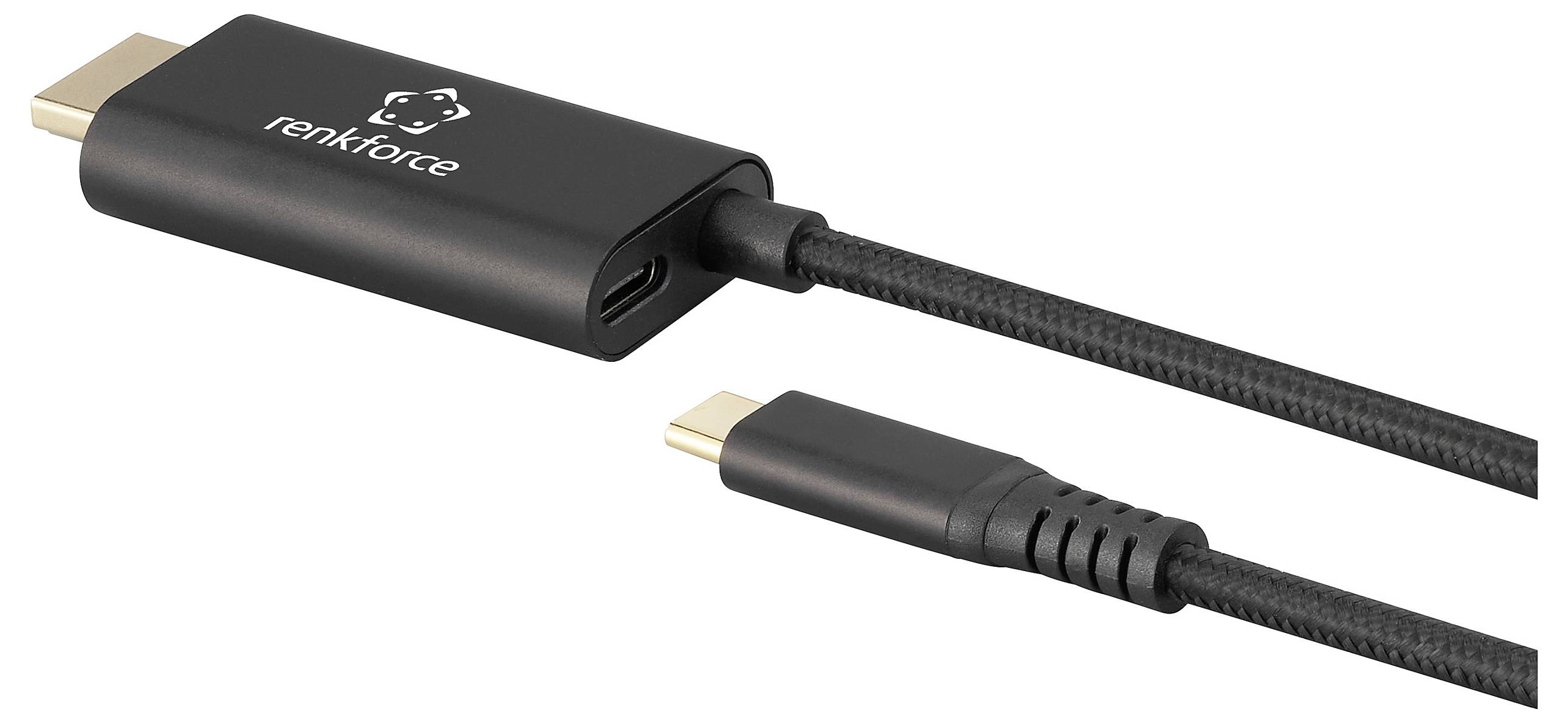 Renkforce USB-C® / HDMI Anschlusskabel USB-C® Stecker, HDMI-A Stecker, USB-C® Buchse 1.00m Schwarz RF-7116128 mit Ladebuchse, 4K