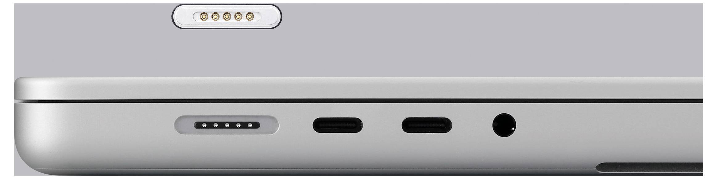 „Seitenansicht des Laptops mit MagSafe, zwei USB-C-Anschlüssen und Kopfhörerausgang.