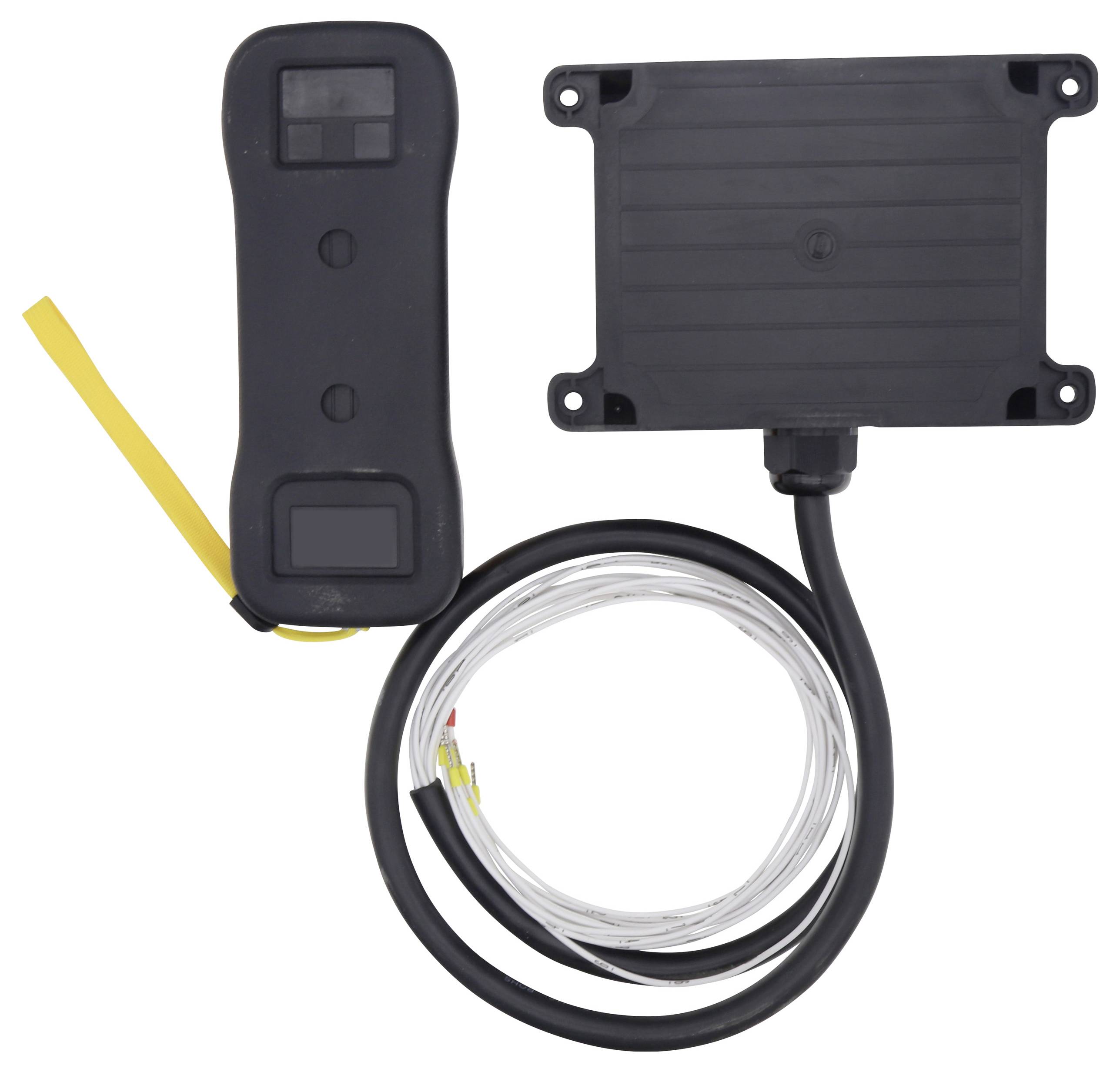Ein schwarzes rechteckiges elektronisches Modul mit einem Buttoncable und einem aufgewickelten Kabel, das mit einer schwarzen Box verbunden ist, wahrscheinlich Teil eines Geräts oder einer Maschine.