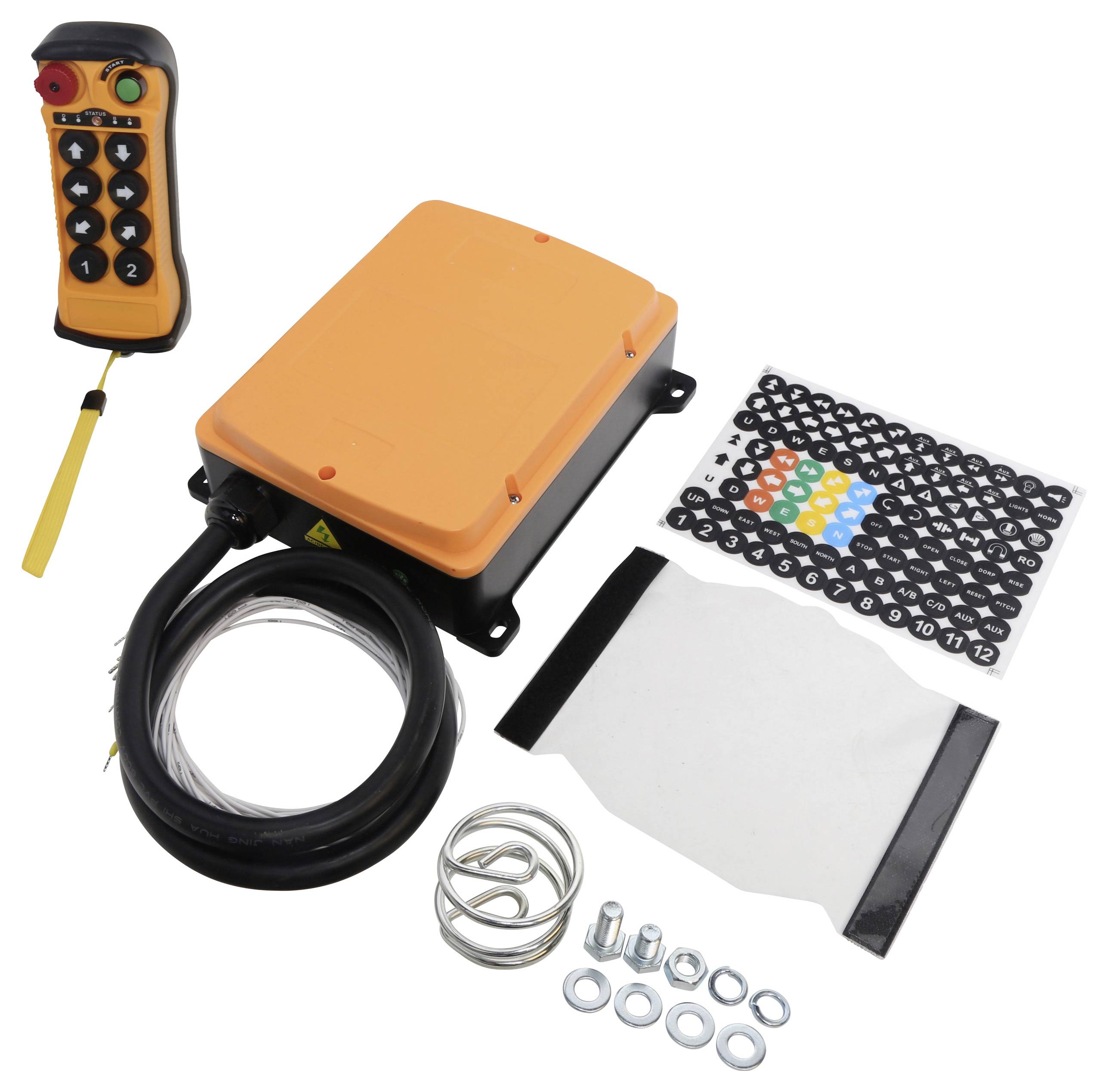 Kabelloses Fernbedienungssystem mit Empfängerbox, Fernbedienung, Federn, Kabeln, Schrauben und nummerierten Aufklebern, das zur Steuerung elektronischer Geräte verwendet wird.