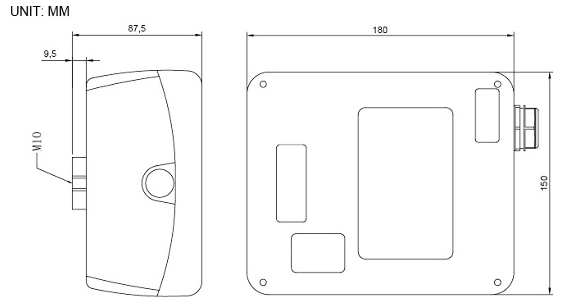 Technisches Diagramm eines rechteckigen elektronischen Gerätegehäuses. Abmessungen sind 180 mm x 150 mm x 87,5 mm mit Einheit in Millimetern.