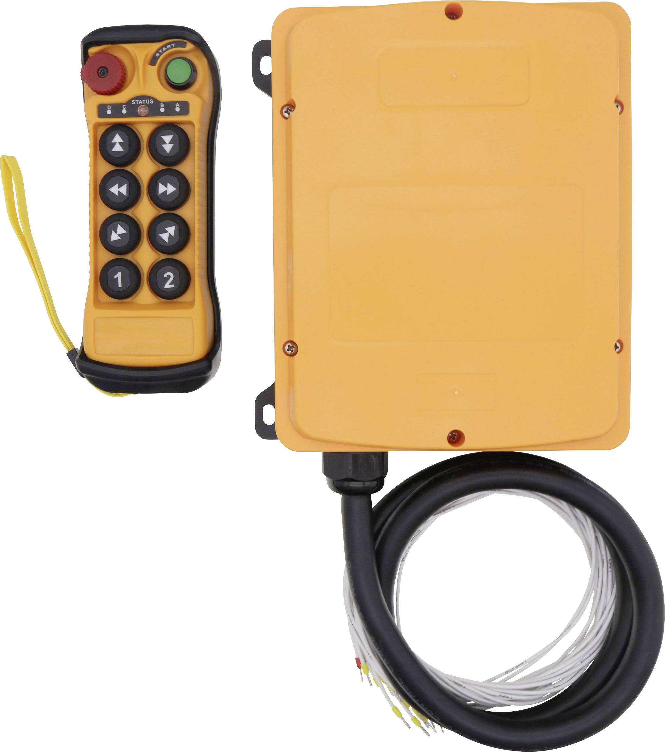Ein orangefarbener Industrie-Fernbedienung mit Tasten für Wiedergabe, Pause und Richtungspfeilen, neben einem orangefarbenen Empfänger mit einem Kabel.