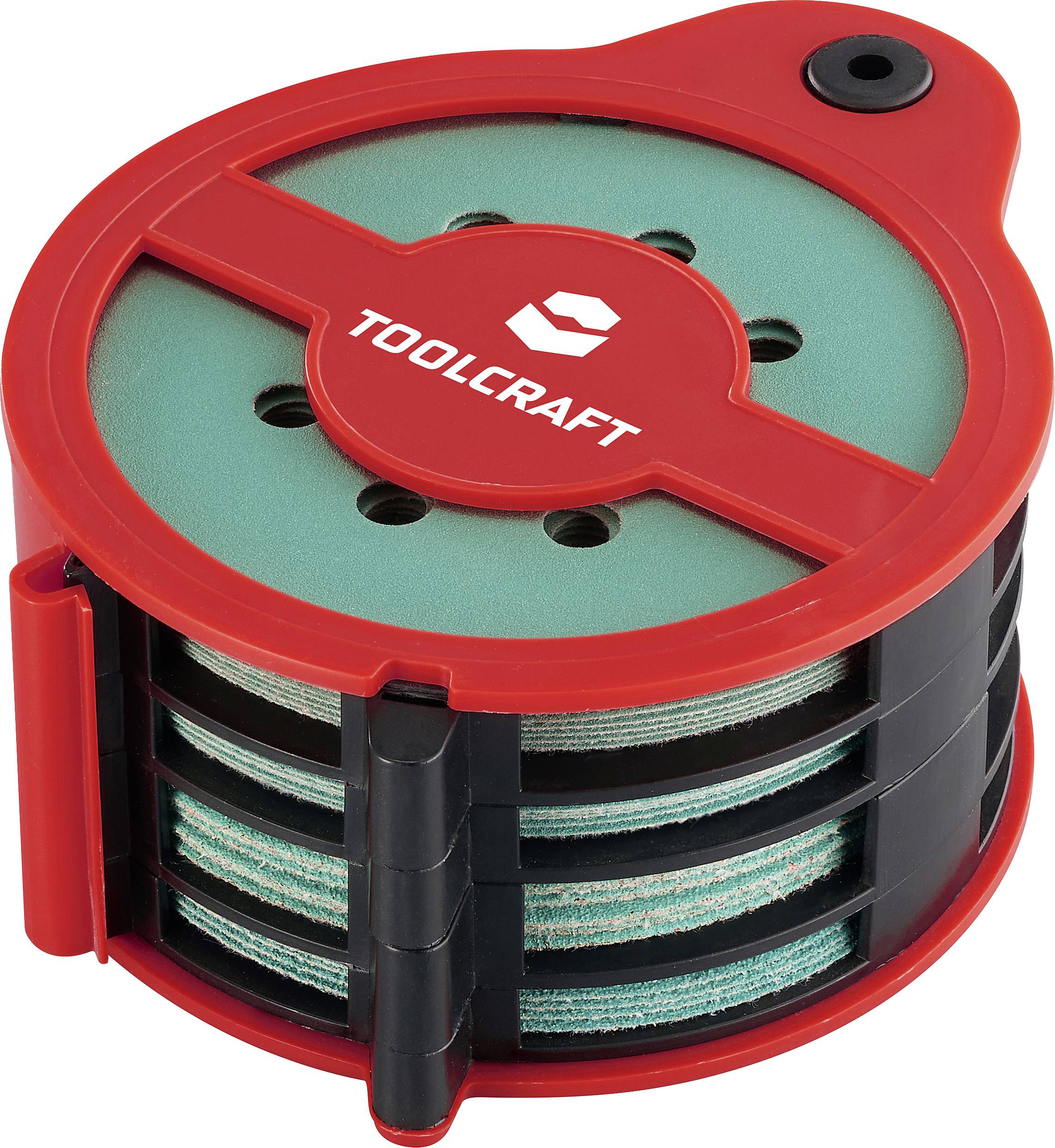 Ein rotes kreisförmiges Etui mit dem Wort „TOOLCRAFT