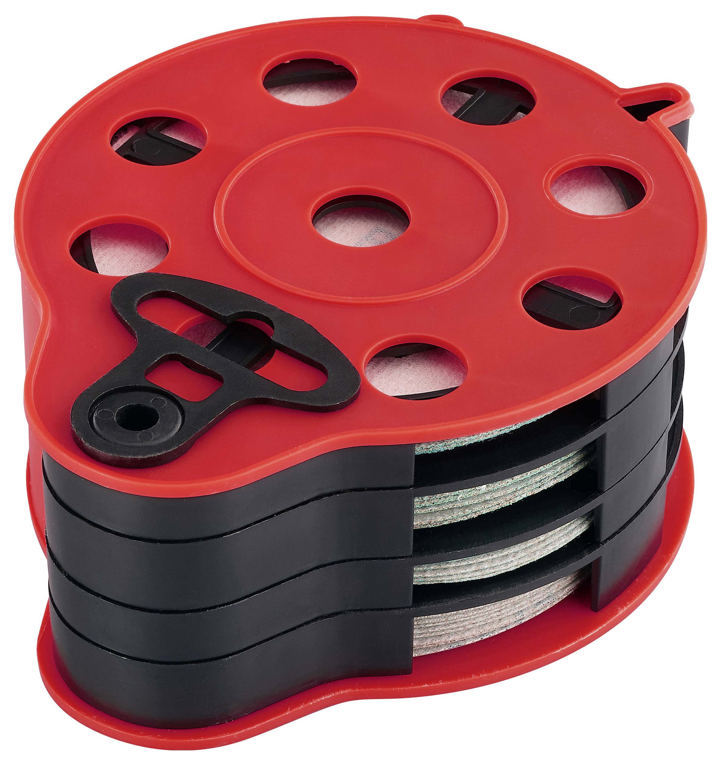 Ein rot-schwarzer, runder Klebebandabroller mit mehreren Fächern zur Bandorganisation.