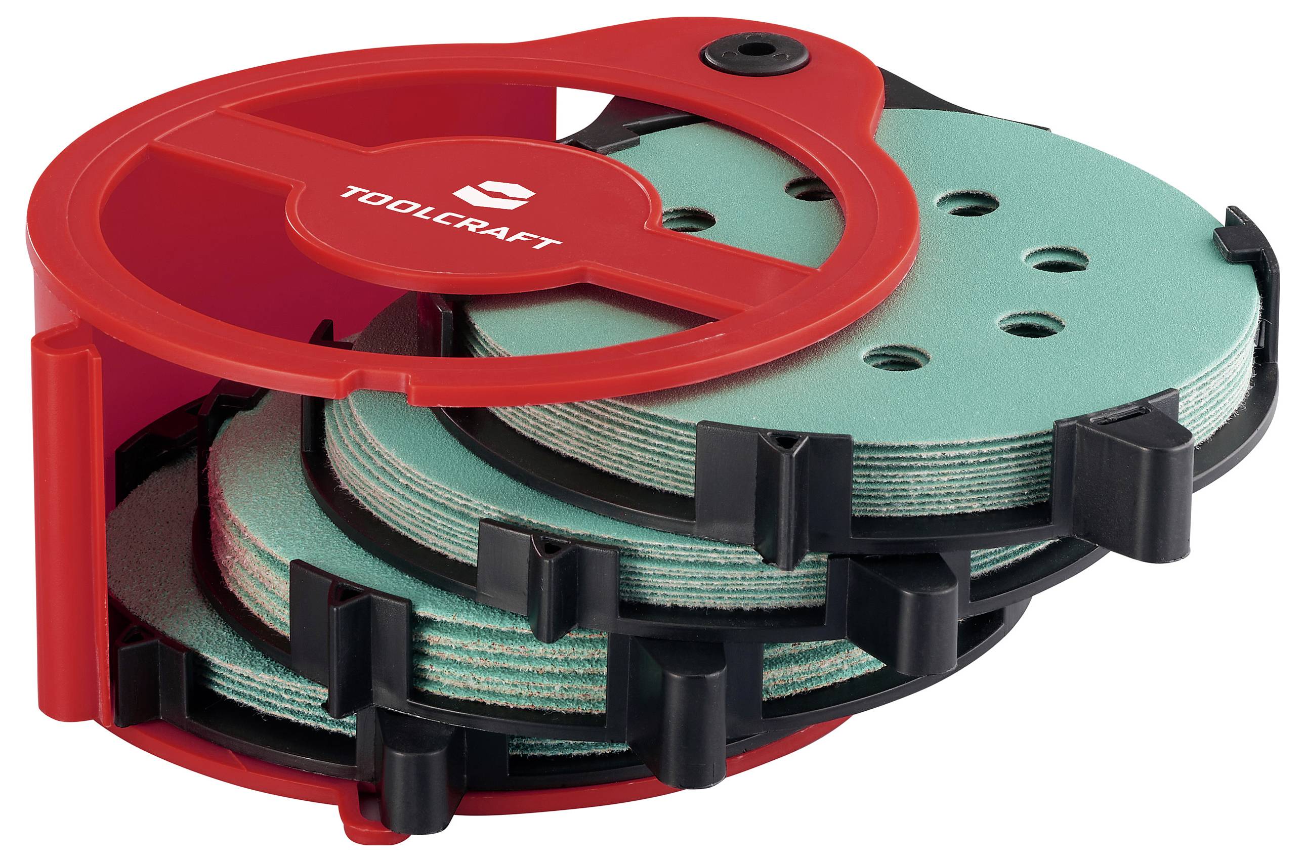 Ein Stapel runder, grüner Schleifscheiben aus Schleifmittel in einem rot-schwarzen TOOLCRAFT-Behälter mit Markenetikett, ausgestattet mit einem Drehsystem für einfache Zugänglichkeit.