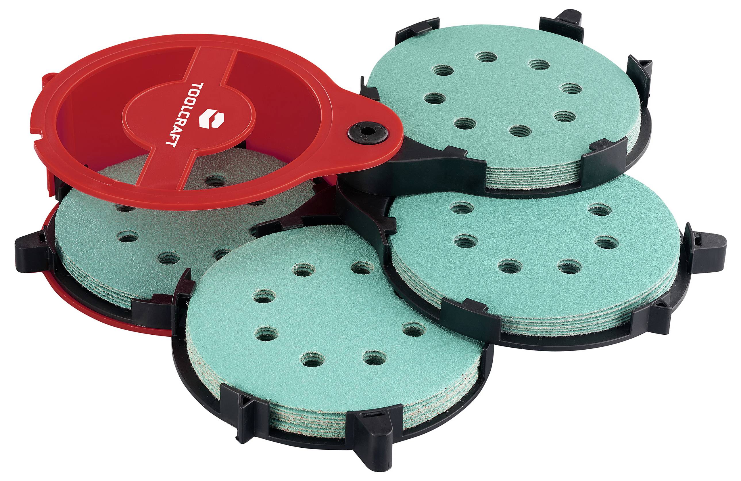 Grüne runde Schleifteller mit sechs Löchern, gestapelt in einem schwarz-rot TOUCART-Halter. Geeignet für verschiedene Schleifarbeiten.
