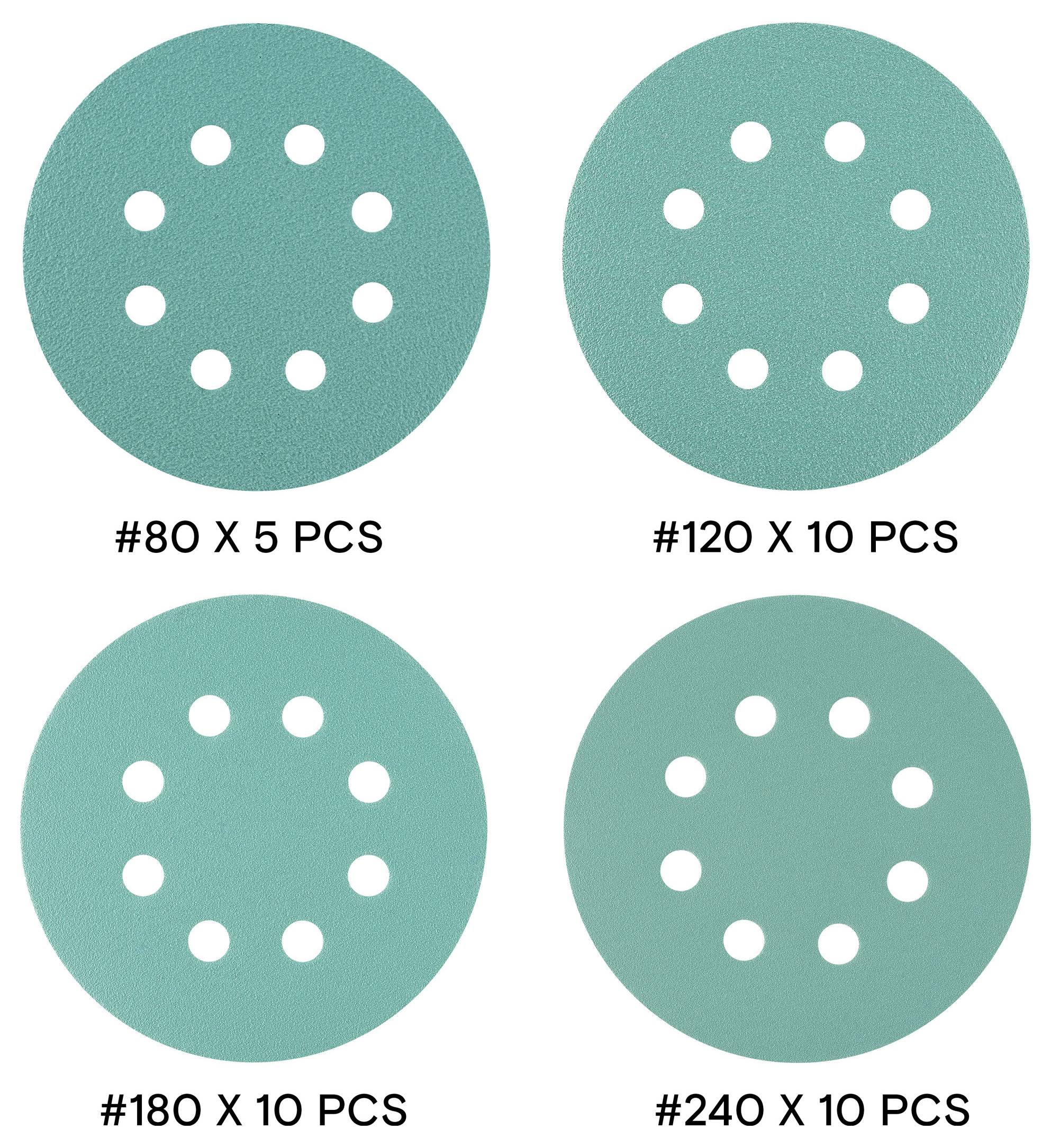 Vier Schleifteller mit Löchern: '#80 x 5 Stück', '#120 x 10 Stück', '#180 x 10 Stück', '#240 x 10 Stück', in einem Rastermuster angeordnet.