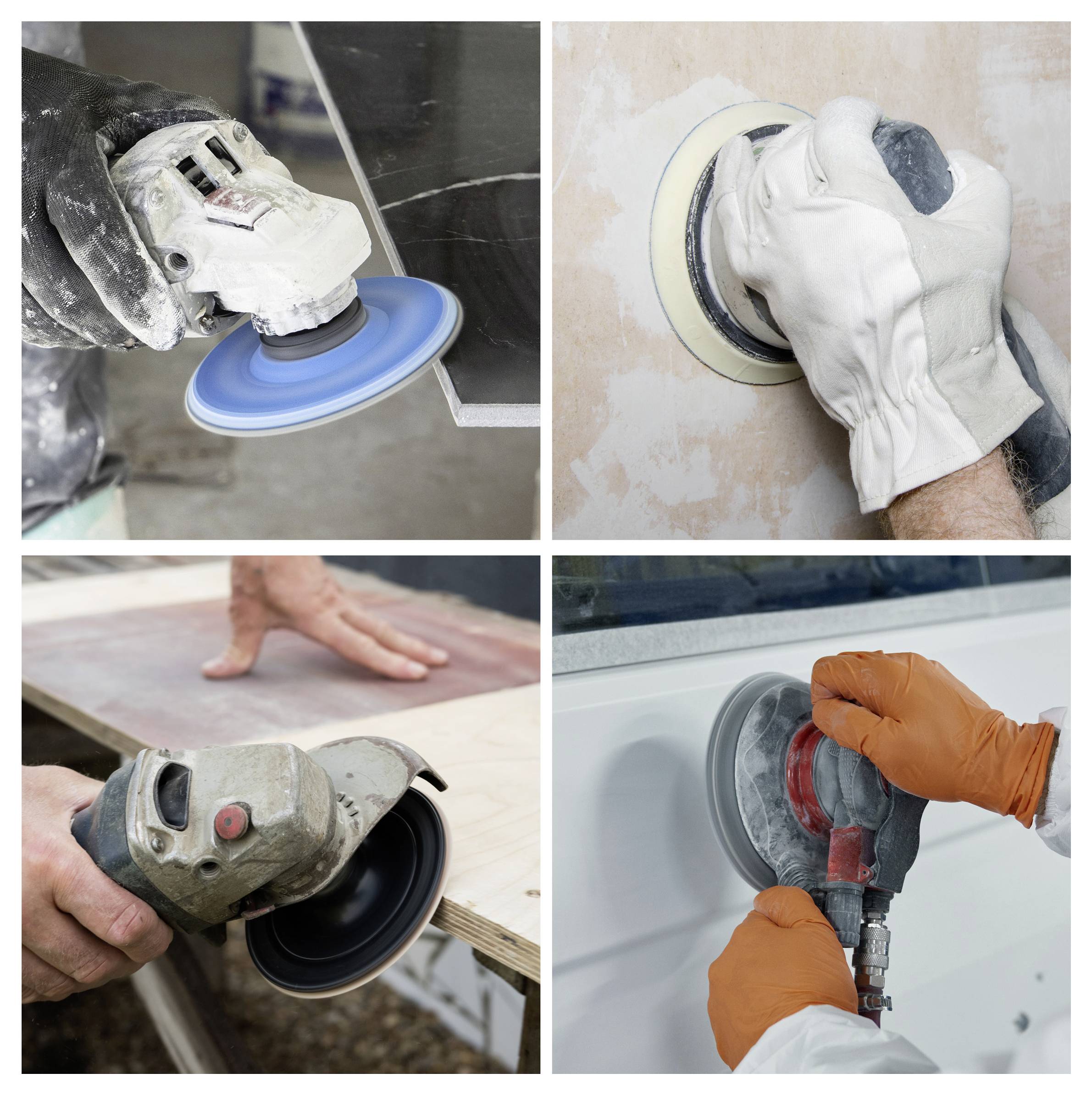 Vier Bilder zeigen Personen, die Elektroschleifergeräte auf verschiedenen Oberflächen verwenden: Metall, Wand, Holz und Karosserie. Der Fokus liegt auf Schleifvorgängen.