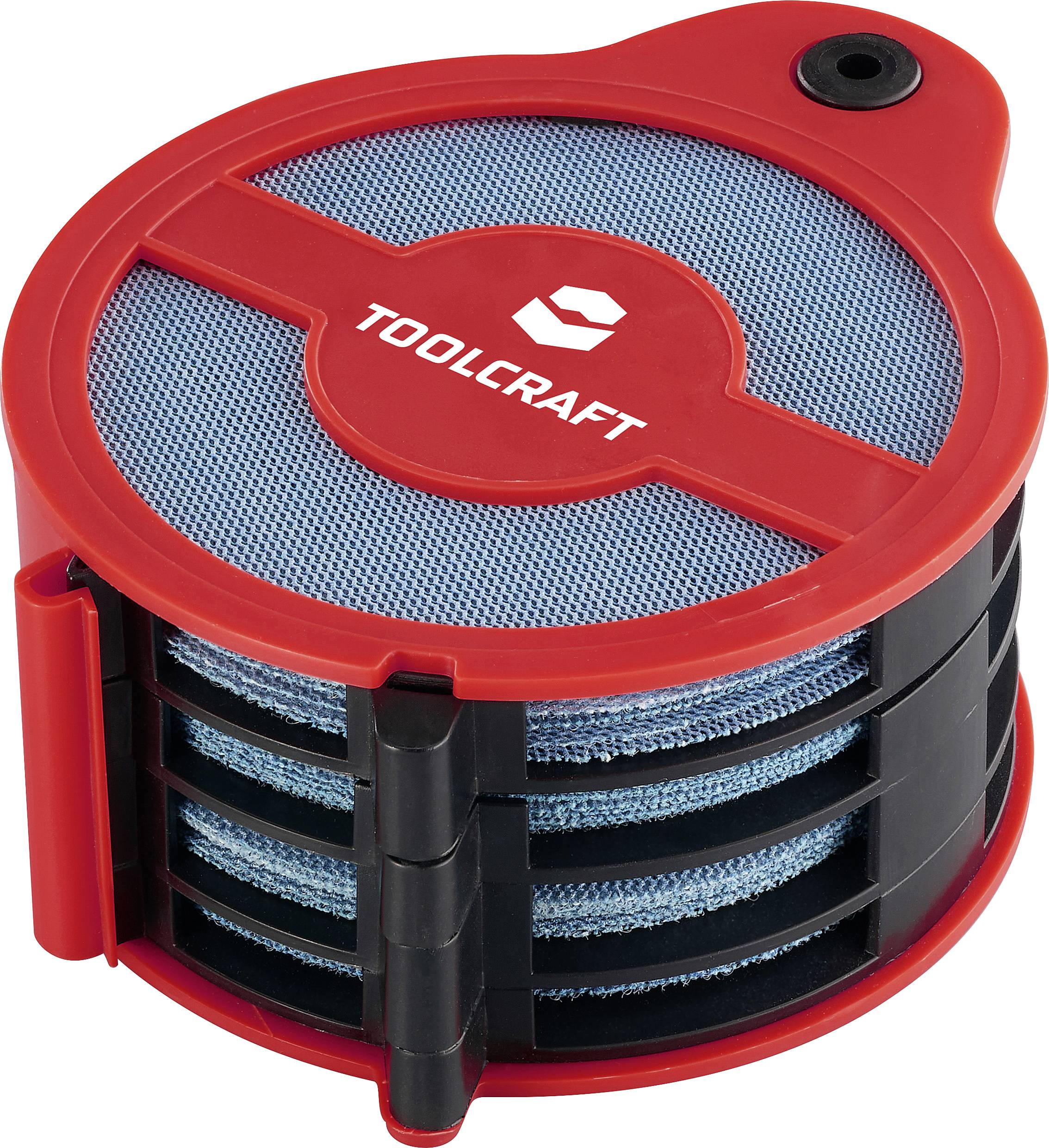 TOOLCRAFT-Markenfilter in Rot und Schwarz mit runder Form und blauen Maschenlagen, mit einer kleinen vorstehenden Düse oben rechts.