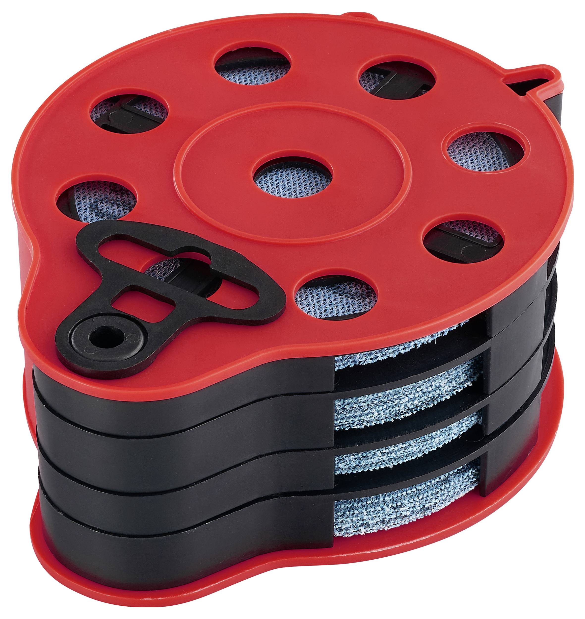 Ein rot-schwarzer Kabelorganizer mit mehreren Spulen und flachem Design, das vier separate Fächer zum ordentlichen Aufwickeln und Lagern von Kabeln bietet.
