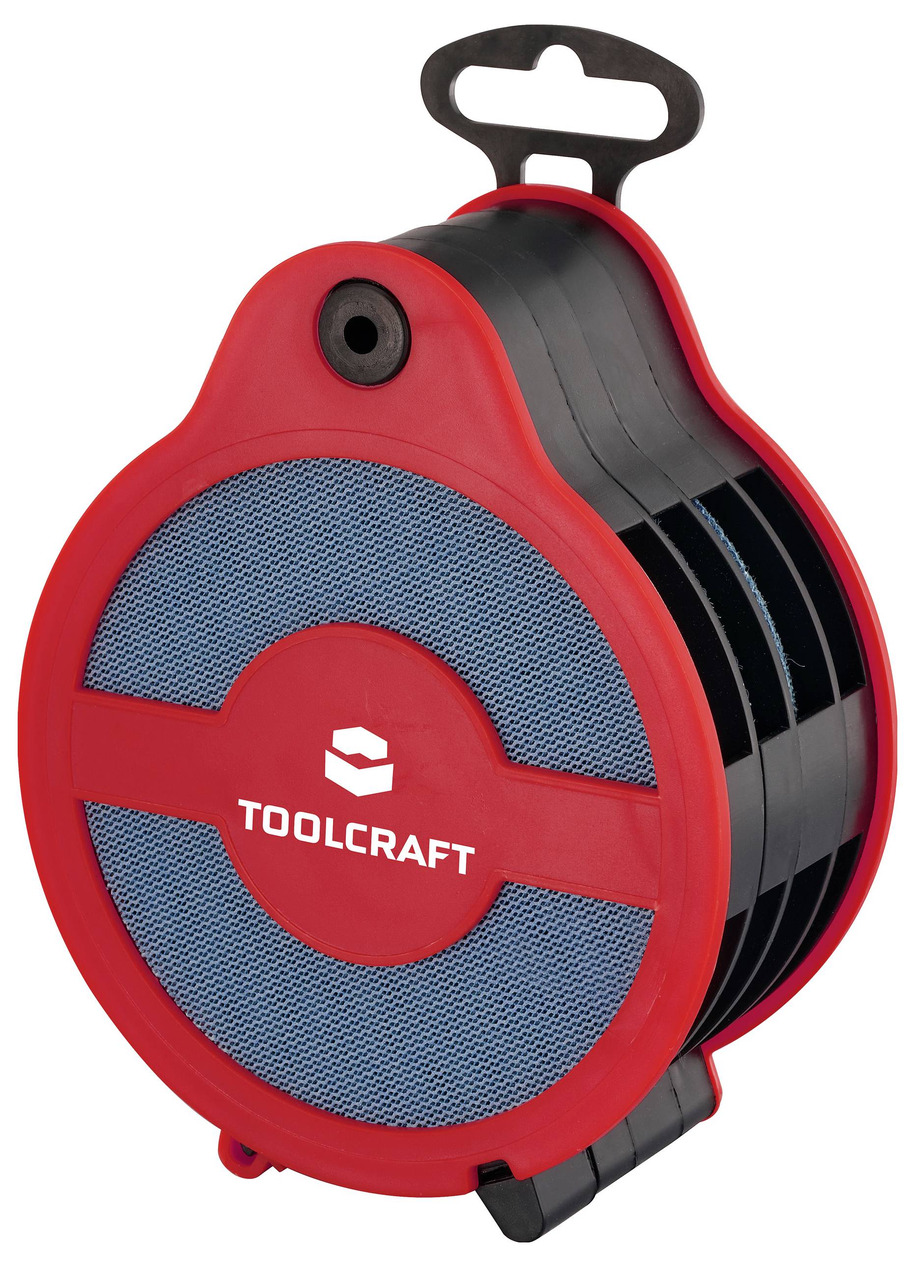 Eine rot und schwarz gefärbte Kunststoff-Kabelrolle mit Tragriff, mit der Aufschrift „TOOLCRAFT", entwickelt zum effizienten Organisieren und Lagern von Kabeln.