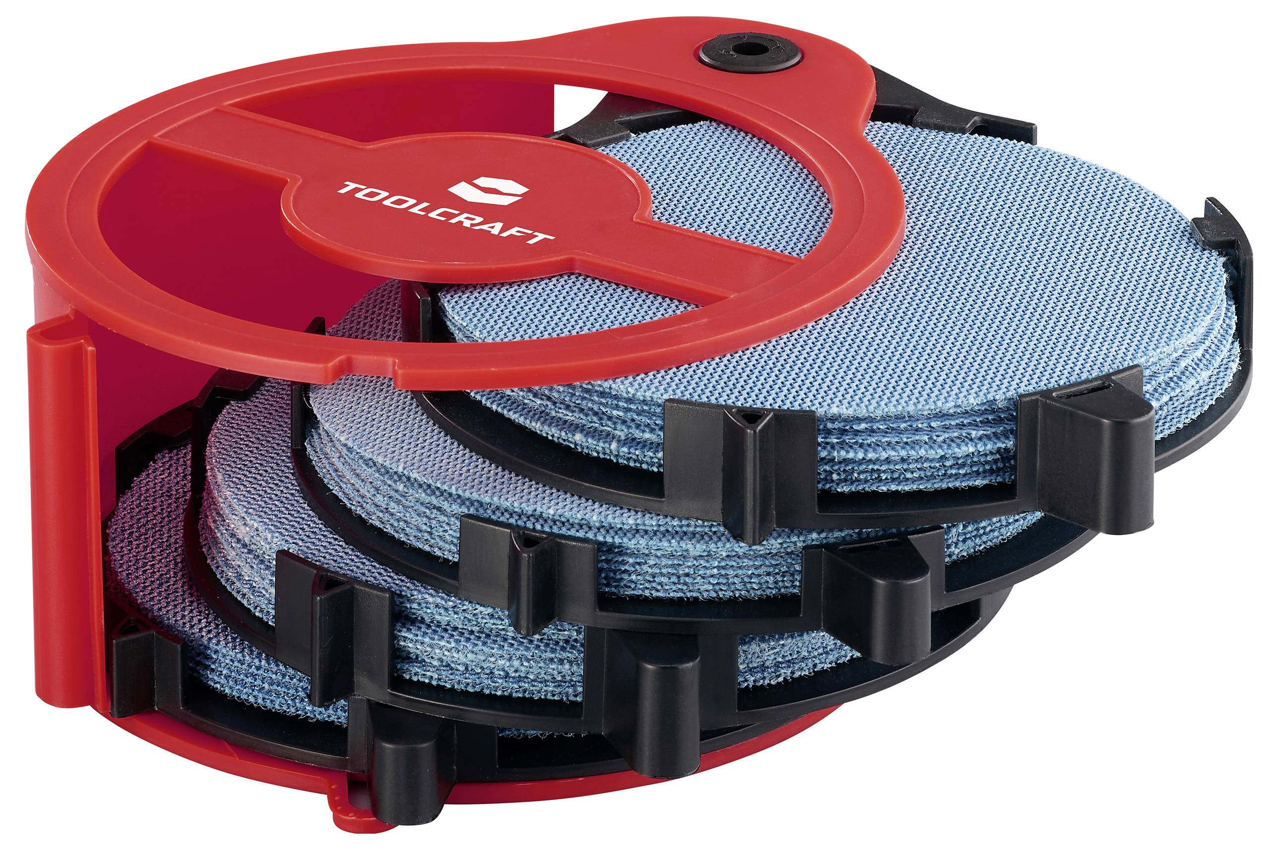 Ein rotes Toolcraft-Lagergehäuse, das geöffnet ist und mehrere gestapelte blaue Polierpads zeigt. Das Gehäuse ist zum Organisieren und leichten Zugriff auf die Pads konzipiert.