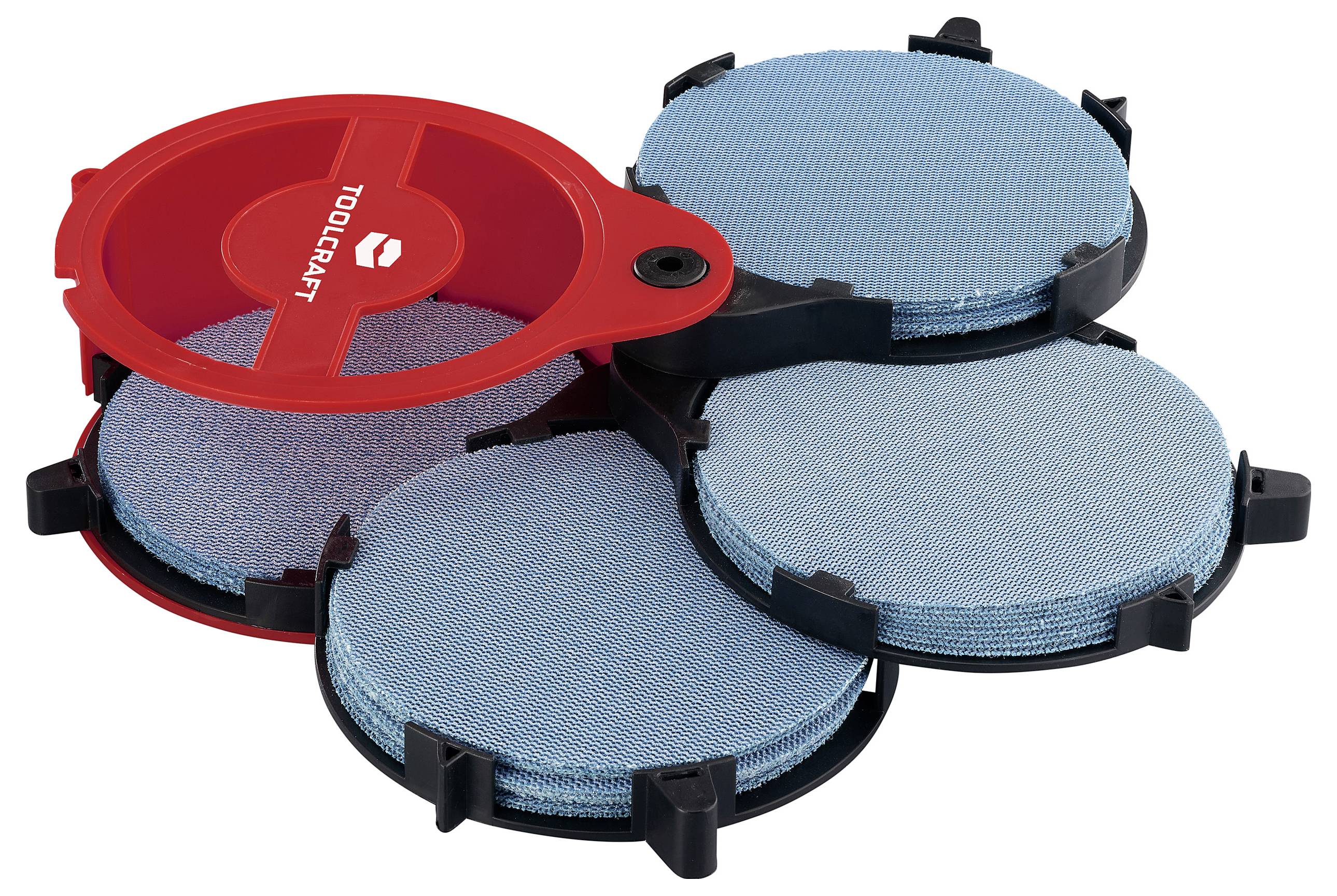 Ein Werkzeughalter mit mehreren übereinander gestapelten Schleif-Schleifscheiben in organisierter Anordnung, mit einem roten Griff, auf dem „Toolcraft