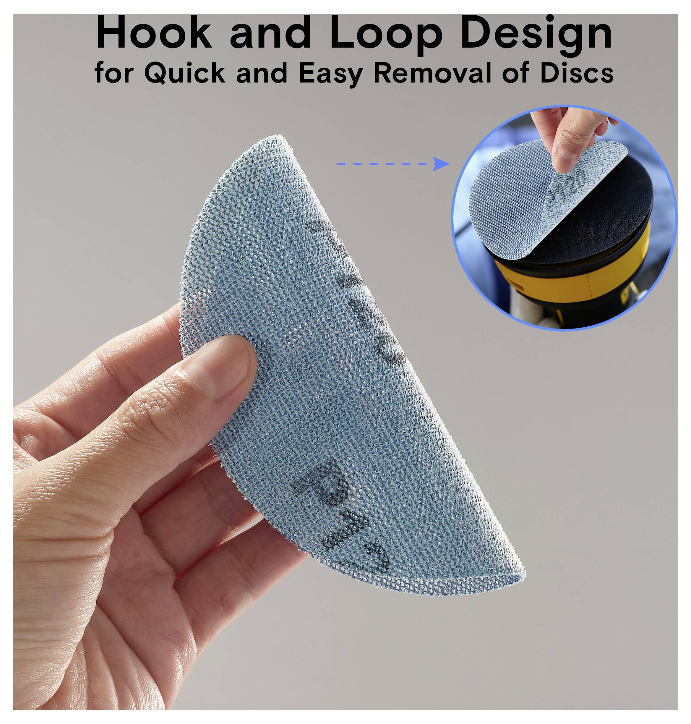 „Hook and Loop Design für schnelles und einfaches Entfernen von Scheiben" zeigt eine Hand, die eine halbgefaltete Scheibe mit einer blauen Oberfläche und gedruckten Zahlen hält.