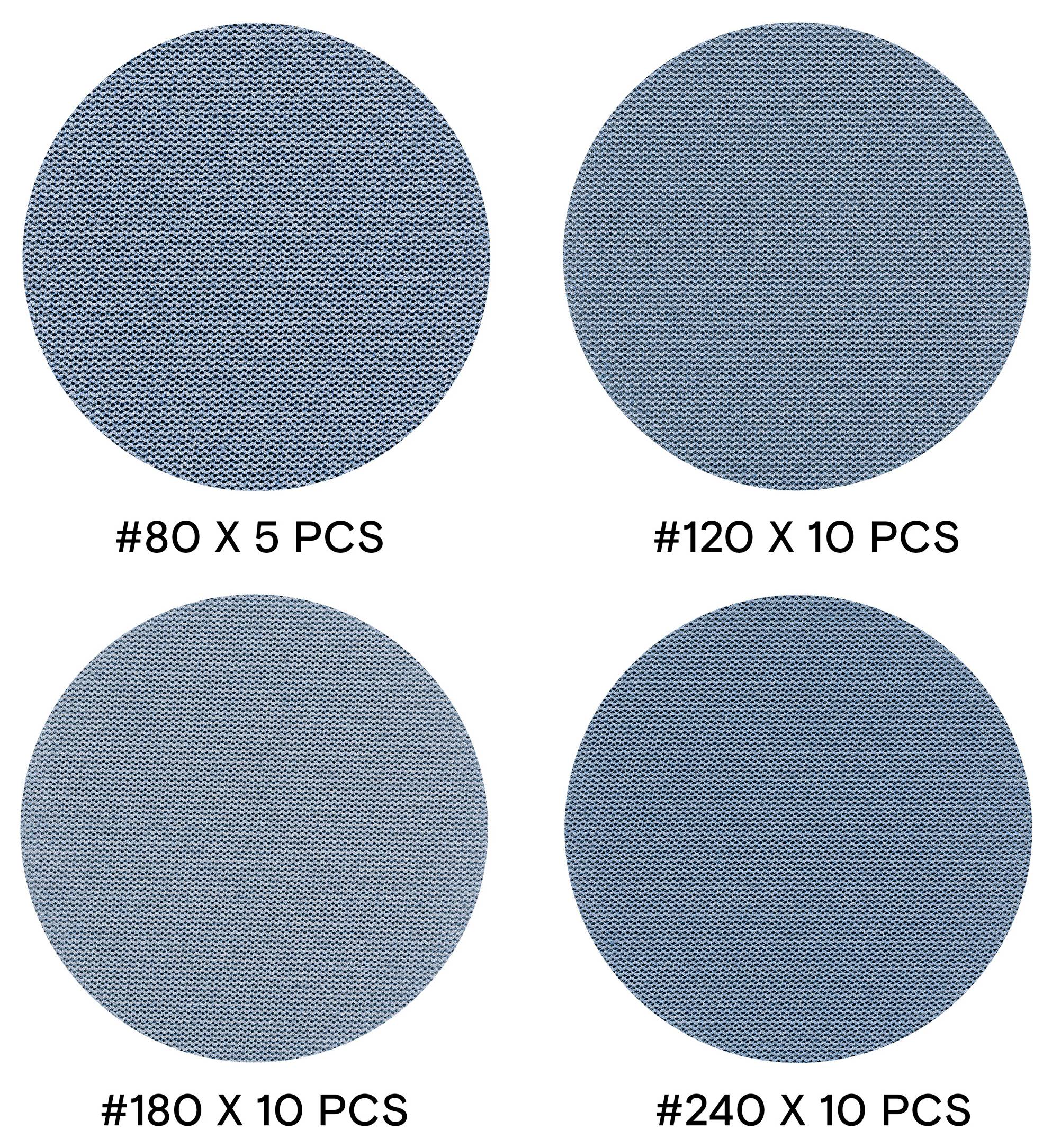 Vier blaue Schleifteller mit Körnergrößen und Mengen: '#80 X 5 STK', '#120 X 10 STK', '#180 X 10 STK', '#240 X 10 STK'.