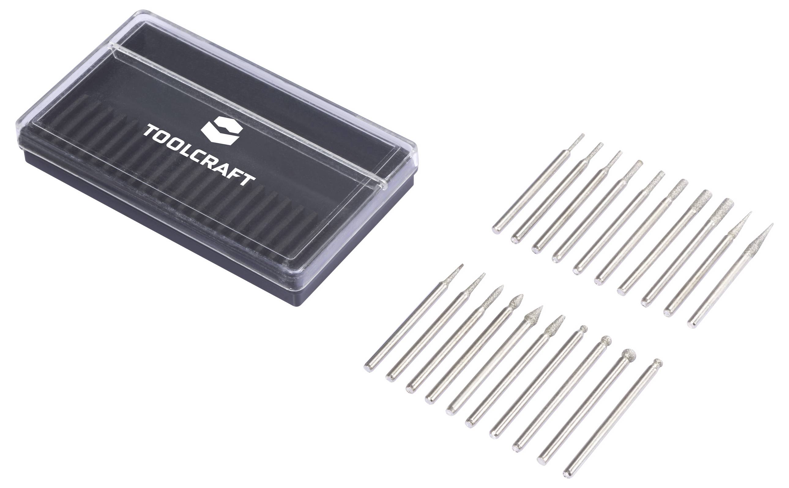 Ein Satz von 21 Präzisions-Bohrern verschiedener Größen, die neben einem rechteckigen Kunststoffkoffer mit der Aufschrift „Toolcraft
