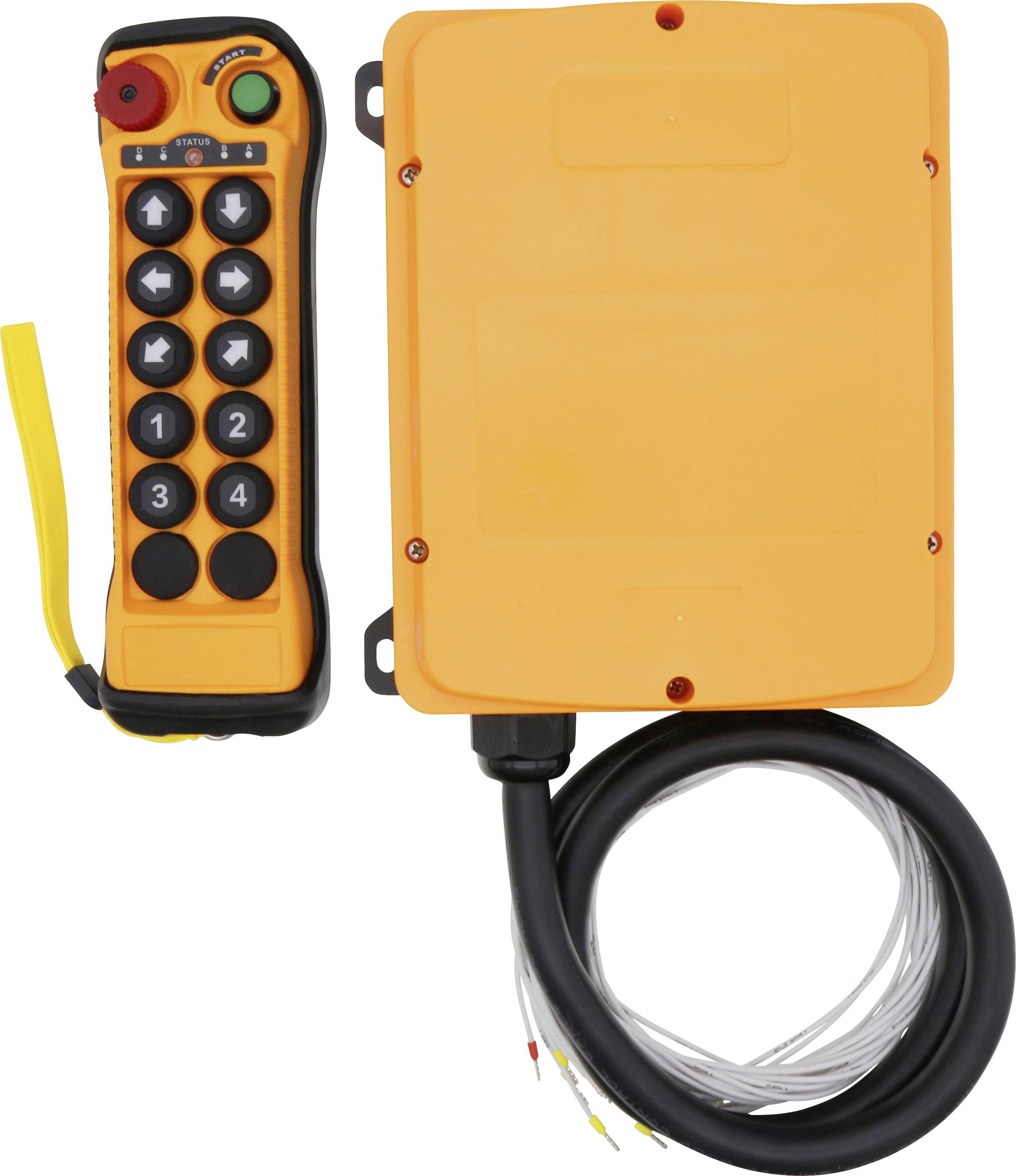 Fernbedienung mit nummerierten Tasten und Notausschalter, gekoppelt mit einer orangefarbenen Empfängerbox und angeschlossenem Kabel für Maschinenbetrieb.