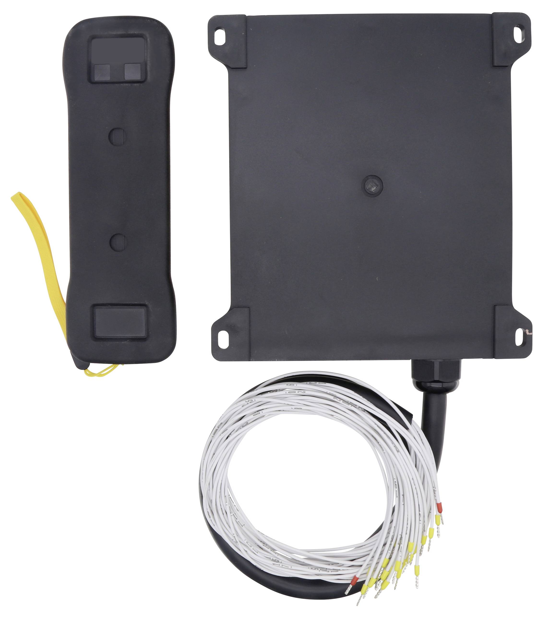 Ein schwarzes rechteckiges elektronisches Gerät mit Befestigungslöchern neben einer kleineren schwarzen Komponente und einer Spule mit umwickelten Drähten mit farbigen Anschlüssen.