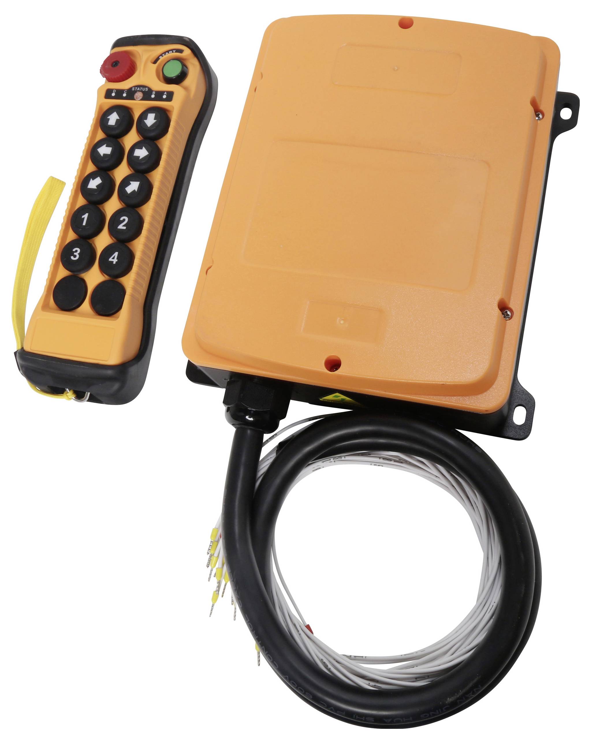 Ein kabelloses Fernbedienungssystem mit einer orangefarbenen Empfängerbox und einem tragbaren Sender mit nummerierten Tasten und zwei Antennen.