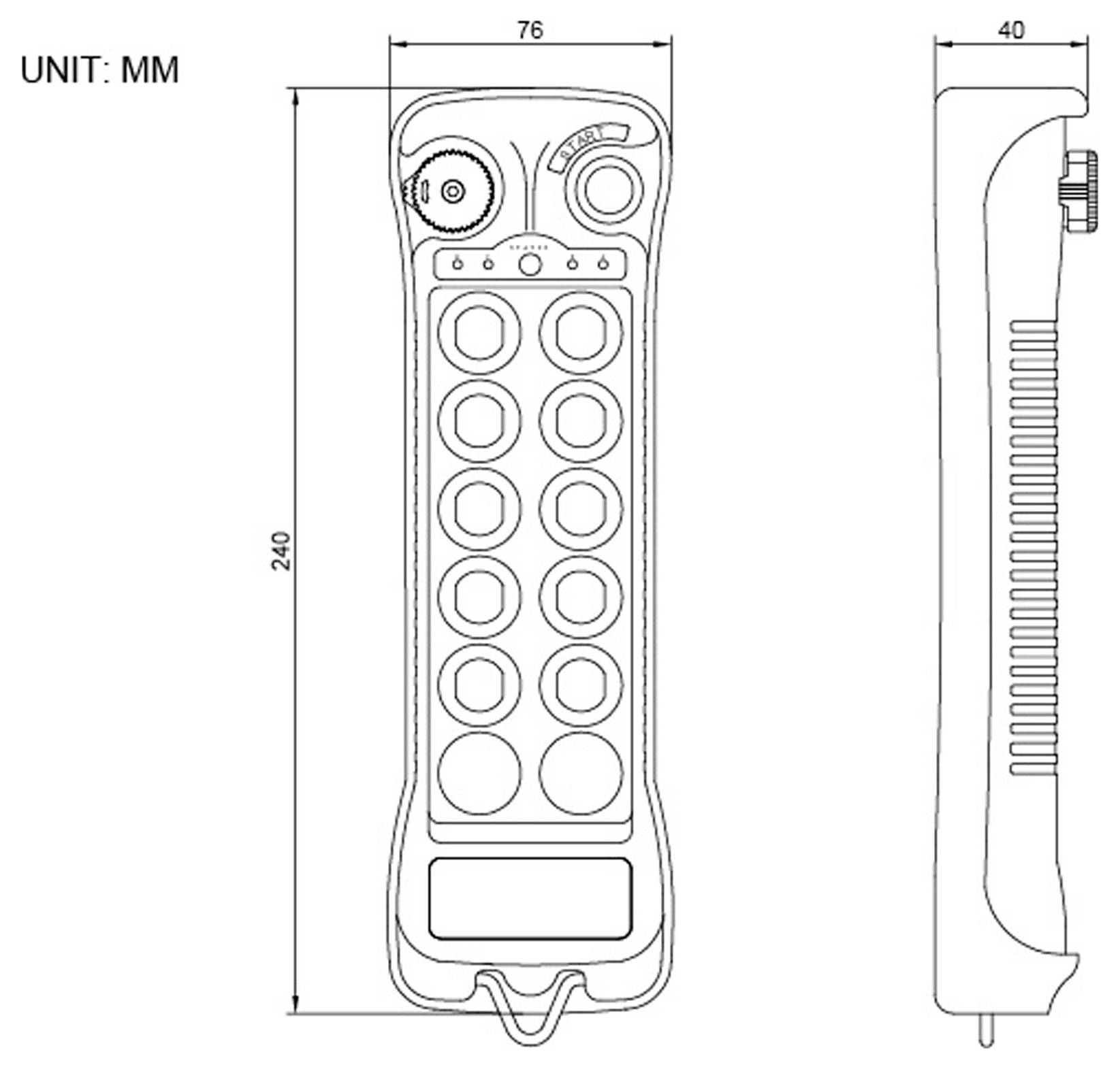 „Technische Gestaltung einer Fernbedienung mit 12 runden Tasten, Abmessungsangaben: 240 mm x 76 mm x 40 mm. Seiten- und Vorderansicht dargestellt.