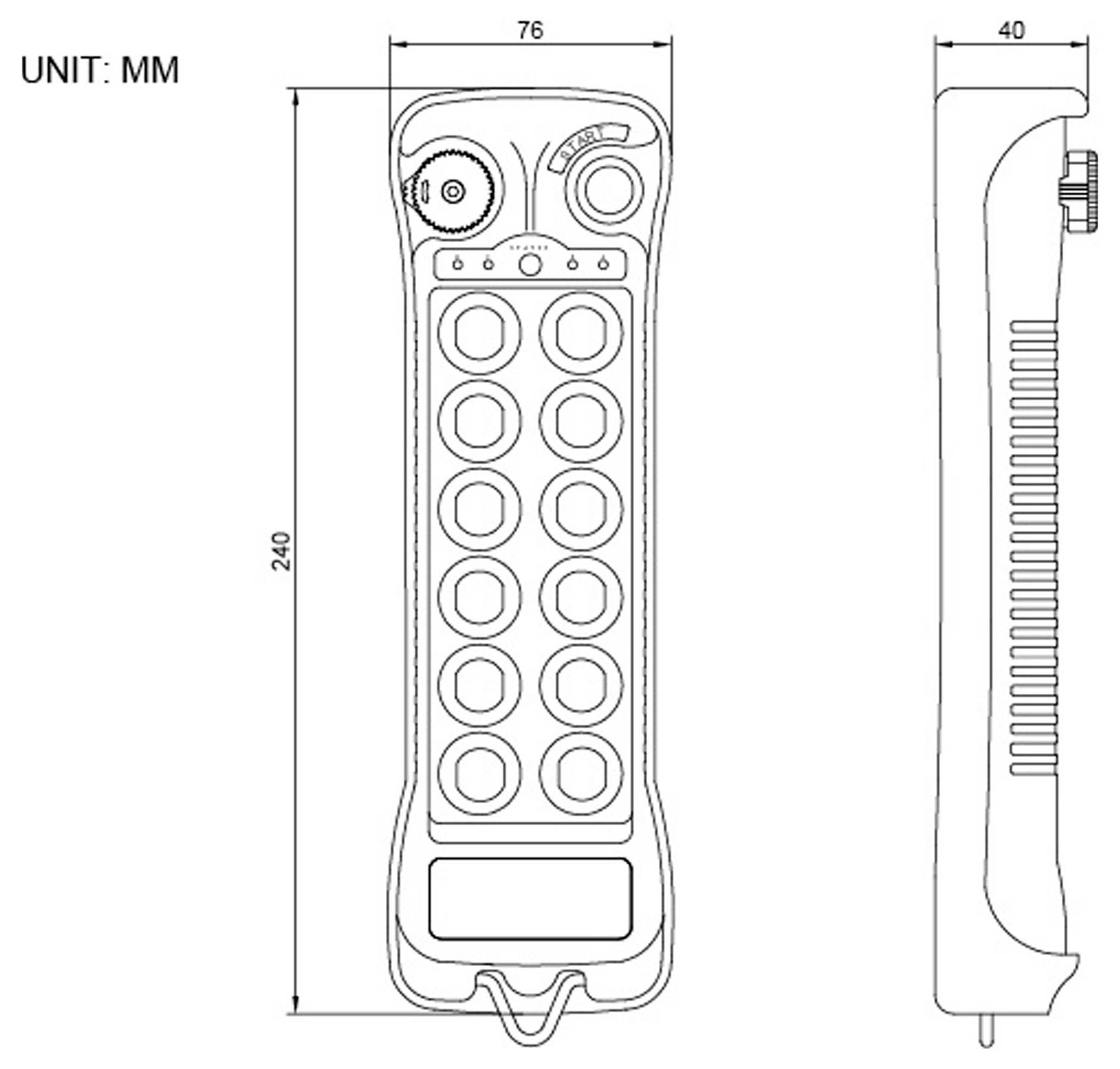 Technische Zeichnung einer Fernbedienung mit Abmessungen: 240 mm Länge, 76 mm Breite und 40 mm Tiefe. Besonderheiten sind Tasten und Schalter.