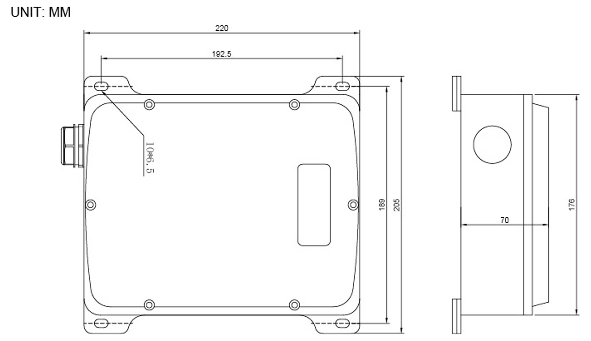 Diagramm eines rechteckigen Geräts mit Vorder- und Seitenansicht sowie Abmessungen in Millimetern: 220 mm Länge, 150 mm Höhe, 70 mm Tiefe.