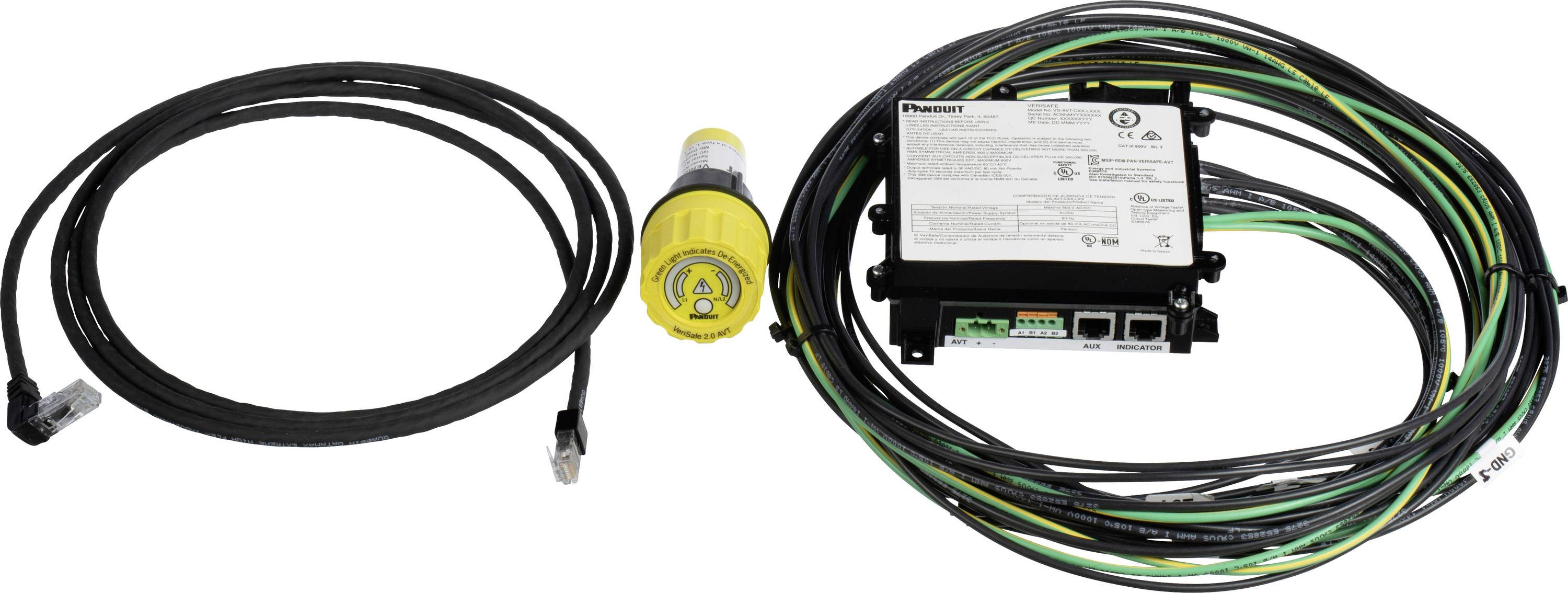 „Zwei gewickelte Kabel mit Anschlüssen, ein gelber Drehschalter und ein schwarzes elektronisches Steuermodul mit Beschriftungen und Eingabeports.