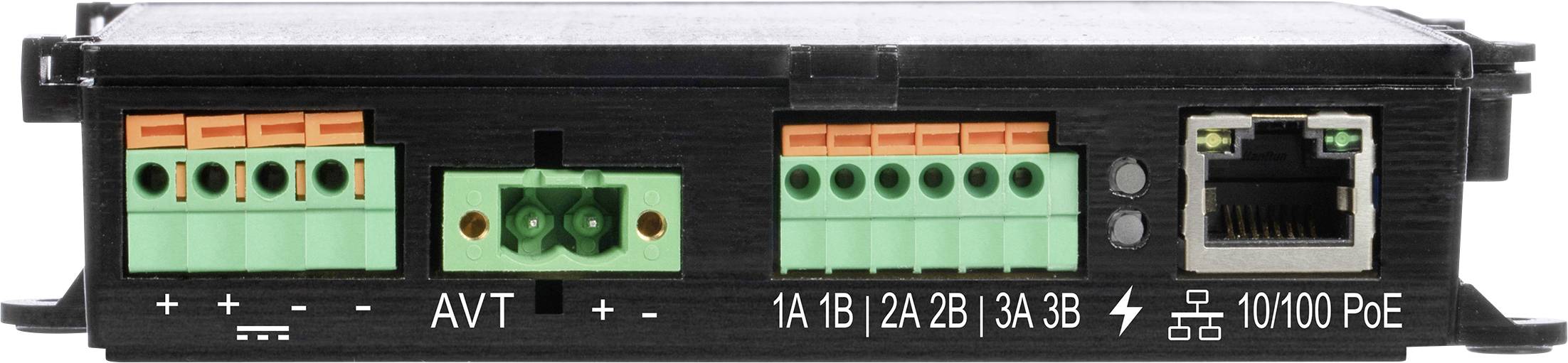 Frontansicht eines schwarzen Netzwerkgeräts mit mehreren grünen und orangen Anschlussblöcken, beschrifteten Anschlüssen mit 'AVT' und 'PoE' sowie einem Ethernet-Anschluss.