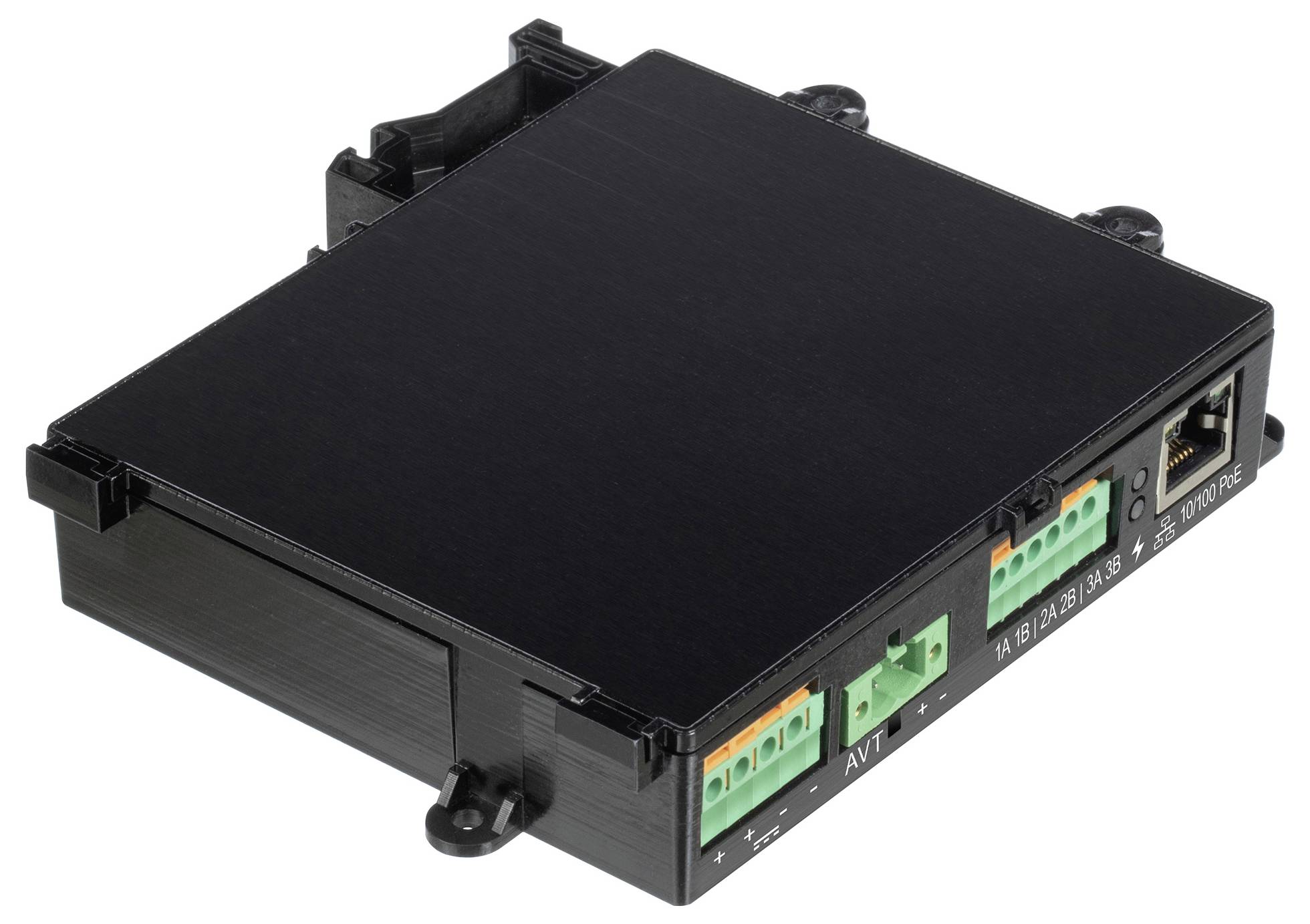 Ein schwarzes elektronisches Gerät mit mehreren Anschlüssen, einschließlich grüner und orangefarbener Anschlussklemmen an der Seite, das für Energie- und Datenkonnektivität verwendet wird.