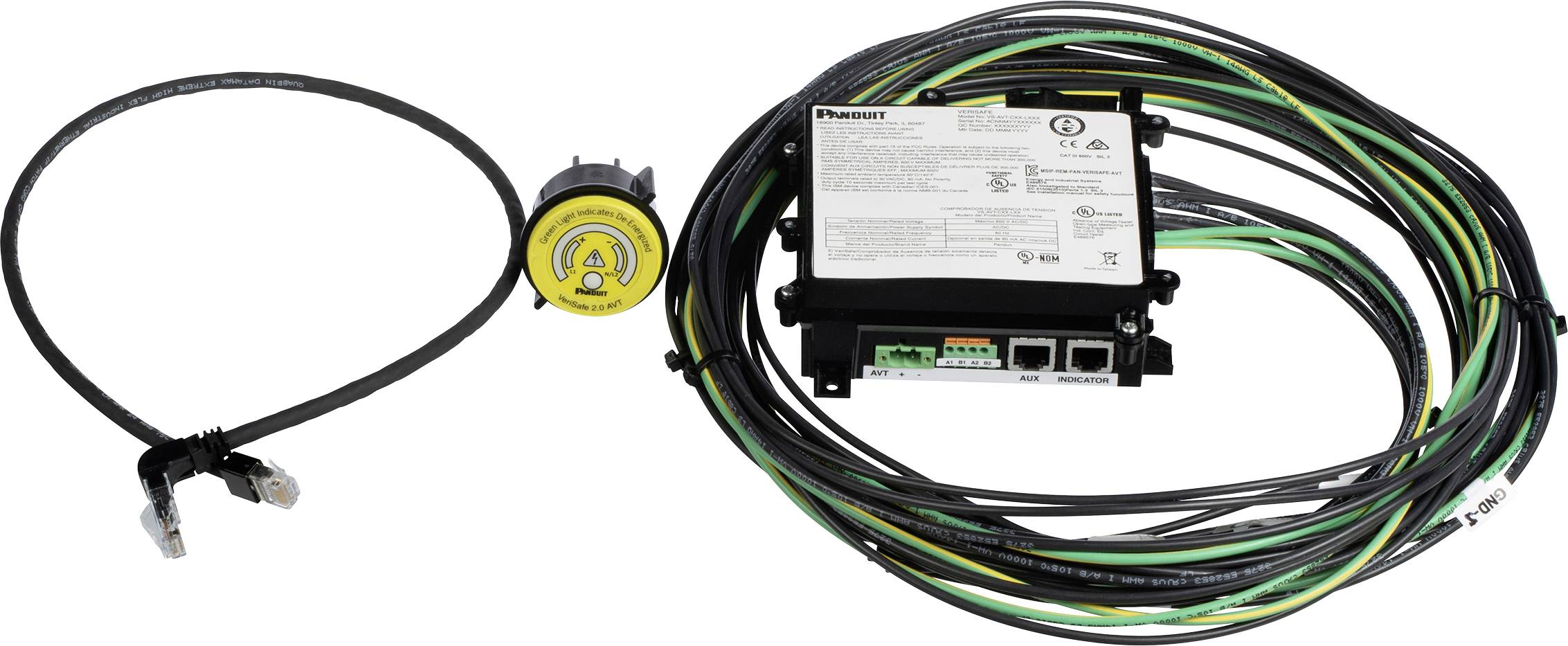 Ein elektrisches Kabelbaum mit beschrifteten Anschlüssen und einem gelben Knopf, typischerweise verwendet in Fahrzeug- oder Ausrüstungsinstallationen.