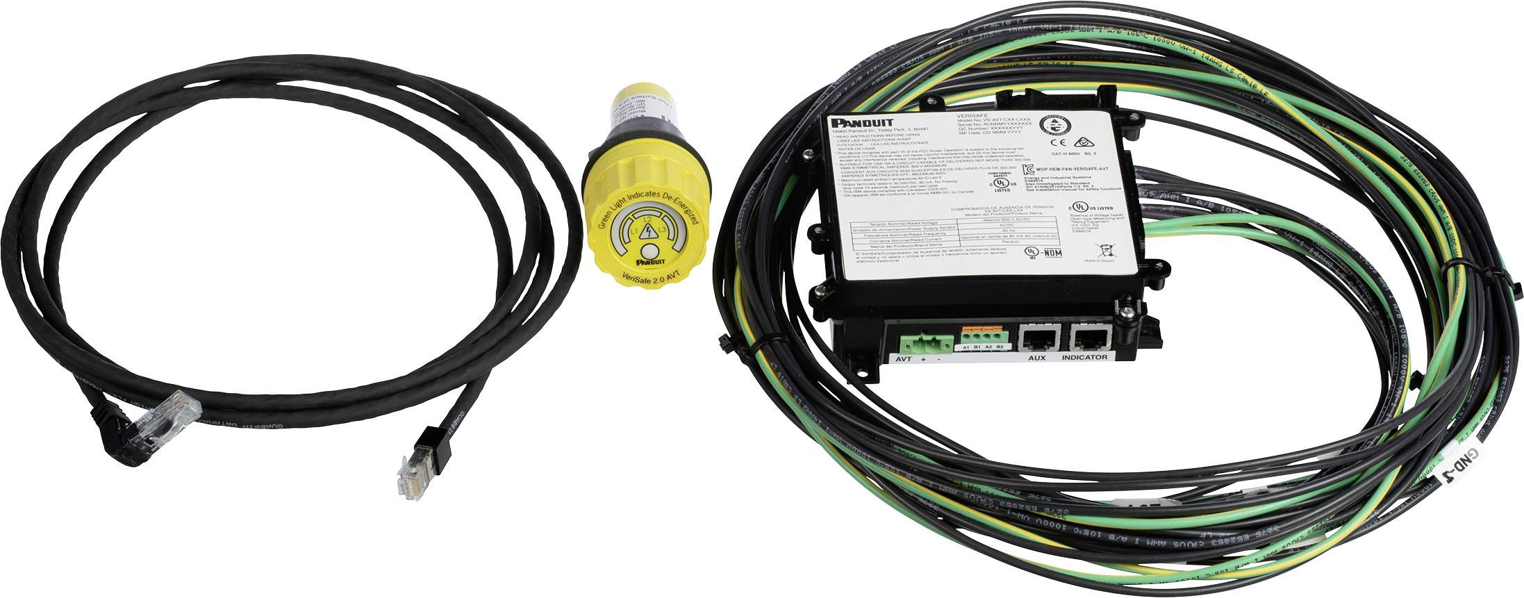 Elektrisches Ausrüstungsset, bestehend aus Kabeln, einem gelben Stecker und einer schwarzen Steuerbox mit Beschriftungen und mehreren Drahtanschlüssen.