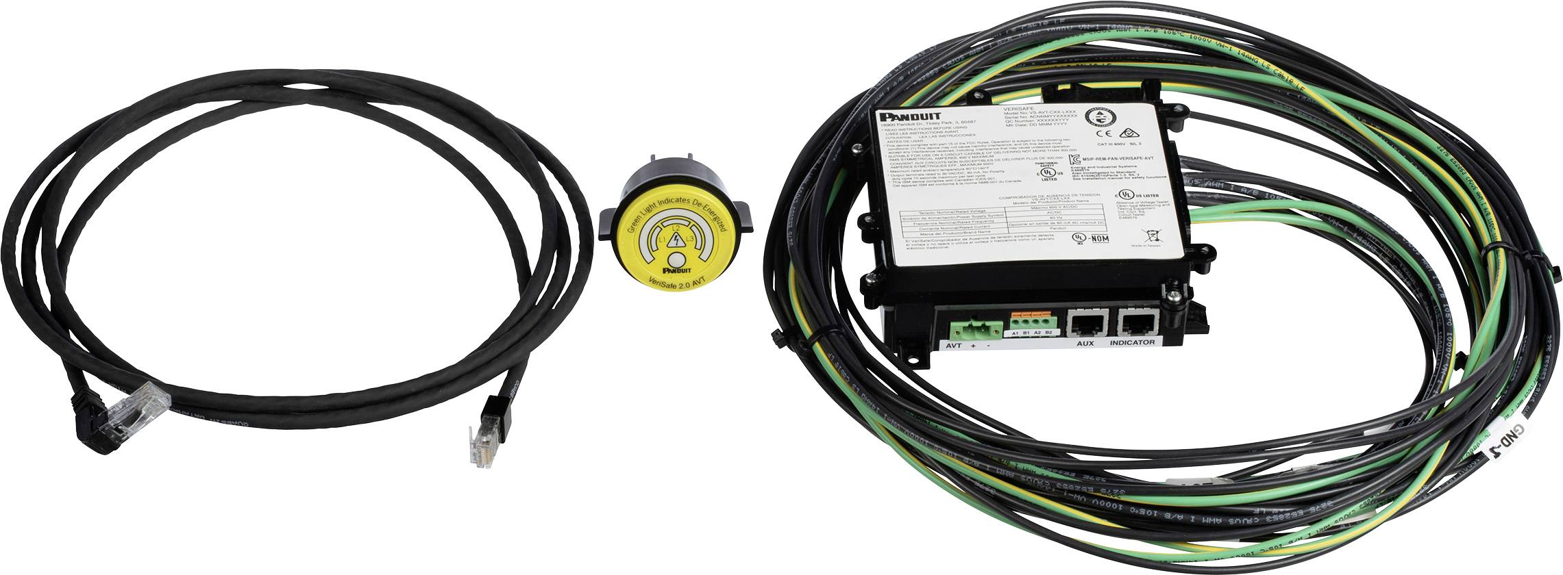 Eine Stromsteuerungseinheit mit mehreren Kabeln und einem Netzwerkstecker, ausgestattet mit einem kreisförmigen Sensor oder Knopf mit einem gelben Gesicht.