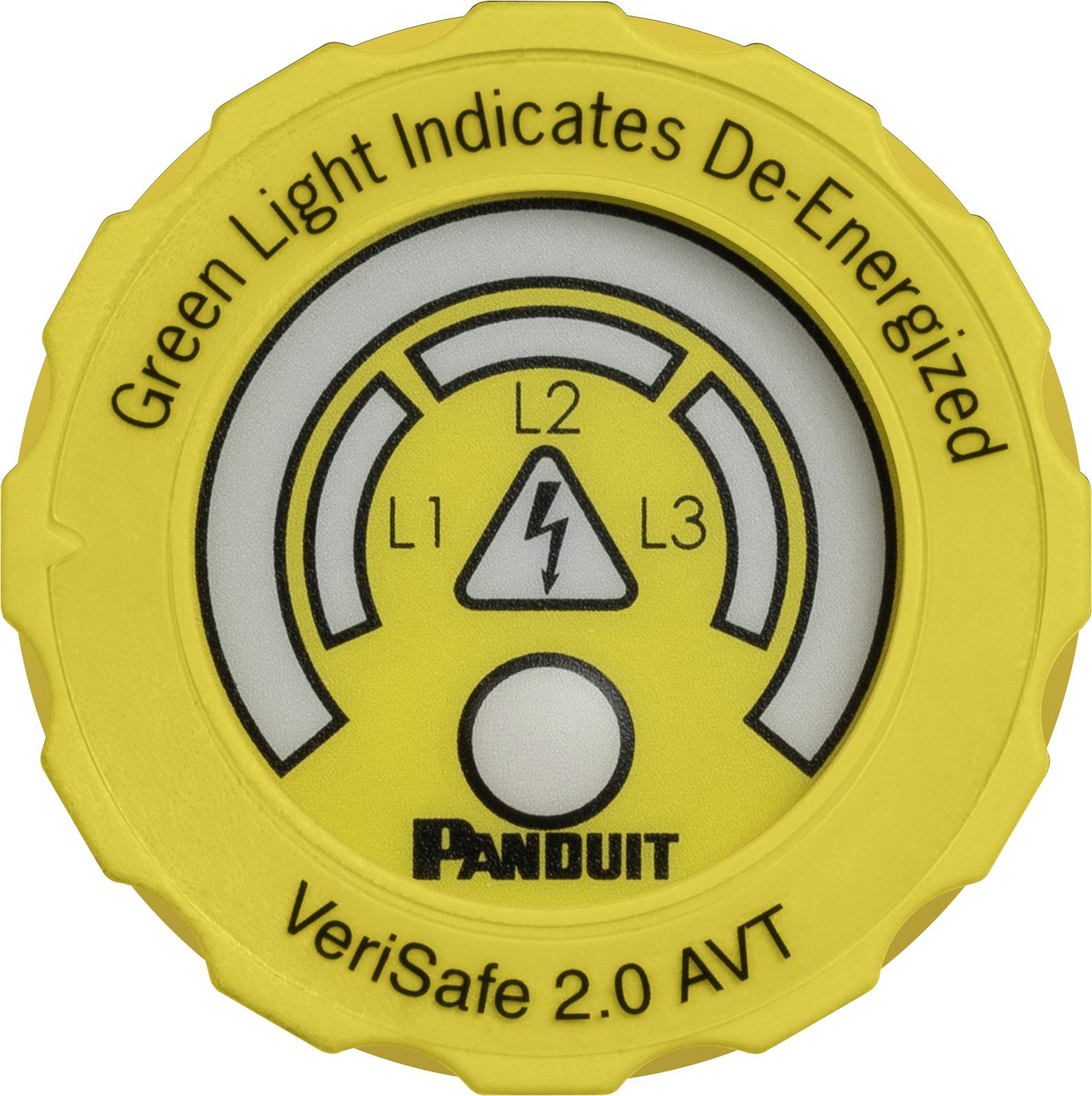 'Panduit VeriSafe 2.0 AVT'-Geräteetikett mit gelbem Hintergrund, Symbolen für L1, L2 und L3 und dem Text 'Grünes Licht zeigt spannungsfrei an.'