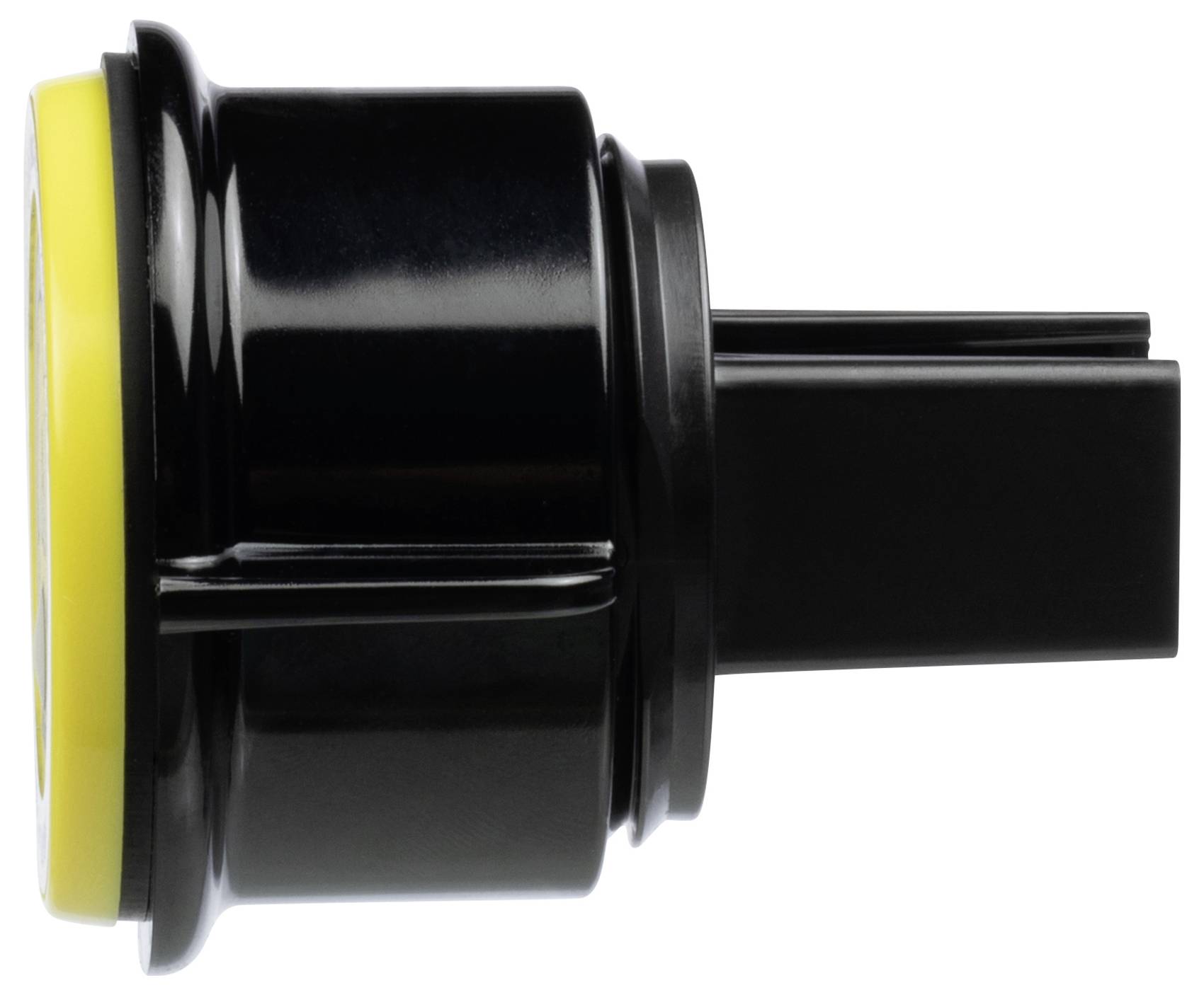 Ein schwarzer und gelber elektrischer Steckverbinder, von der Seite betrachtet, mit einer zylindrischen Form und mehreren Kontaktstiften.