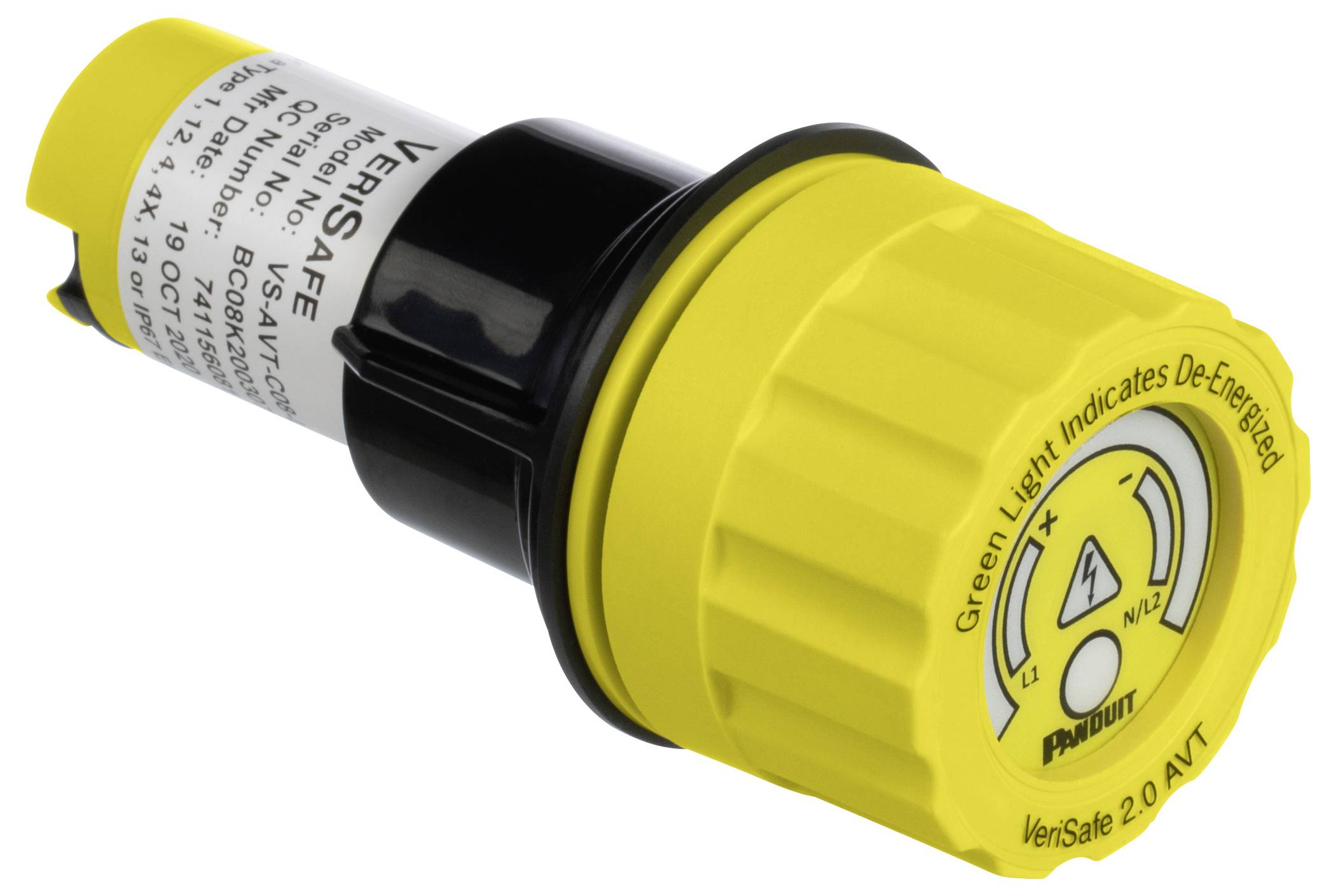 Ein gelbes elektrisches Gerät mit der Bezeichnung 'VeriSafe 2.0 AVT' mit einem schwarzen Abschnitt und Text, der besagt: 'Grünes Licht zeigt spannungsfrei an.'