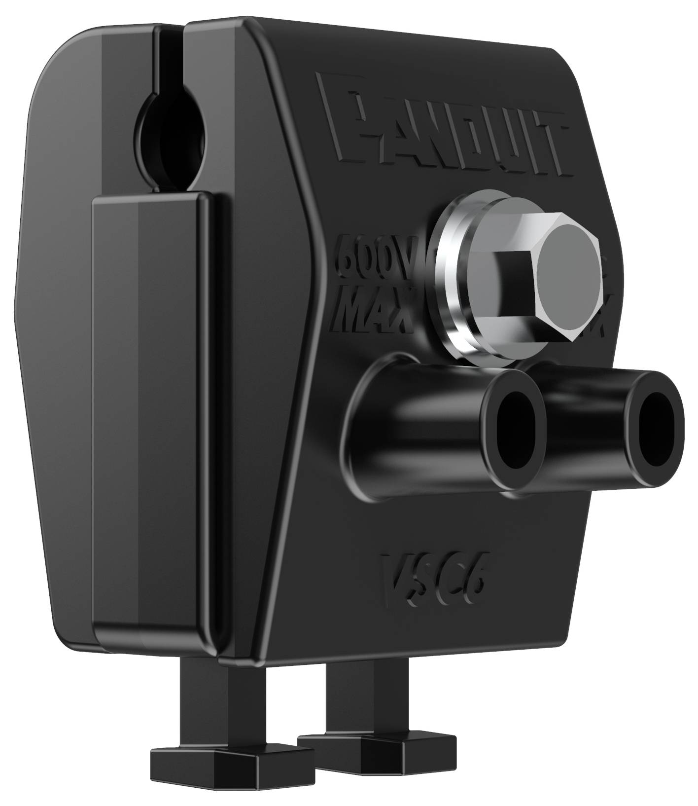 Frontansicht eines schwarzen elektrischen Anschlusses mit der Beschriftung '600V MAX' und einem sechseckigen Bolzen, der zwei Ausgangslöcher für die Verdrahtung aufweist.