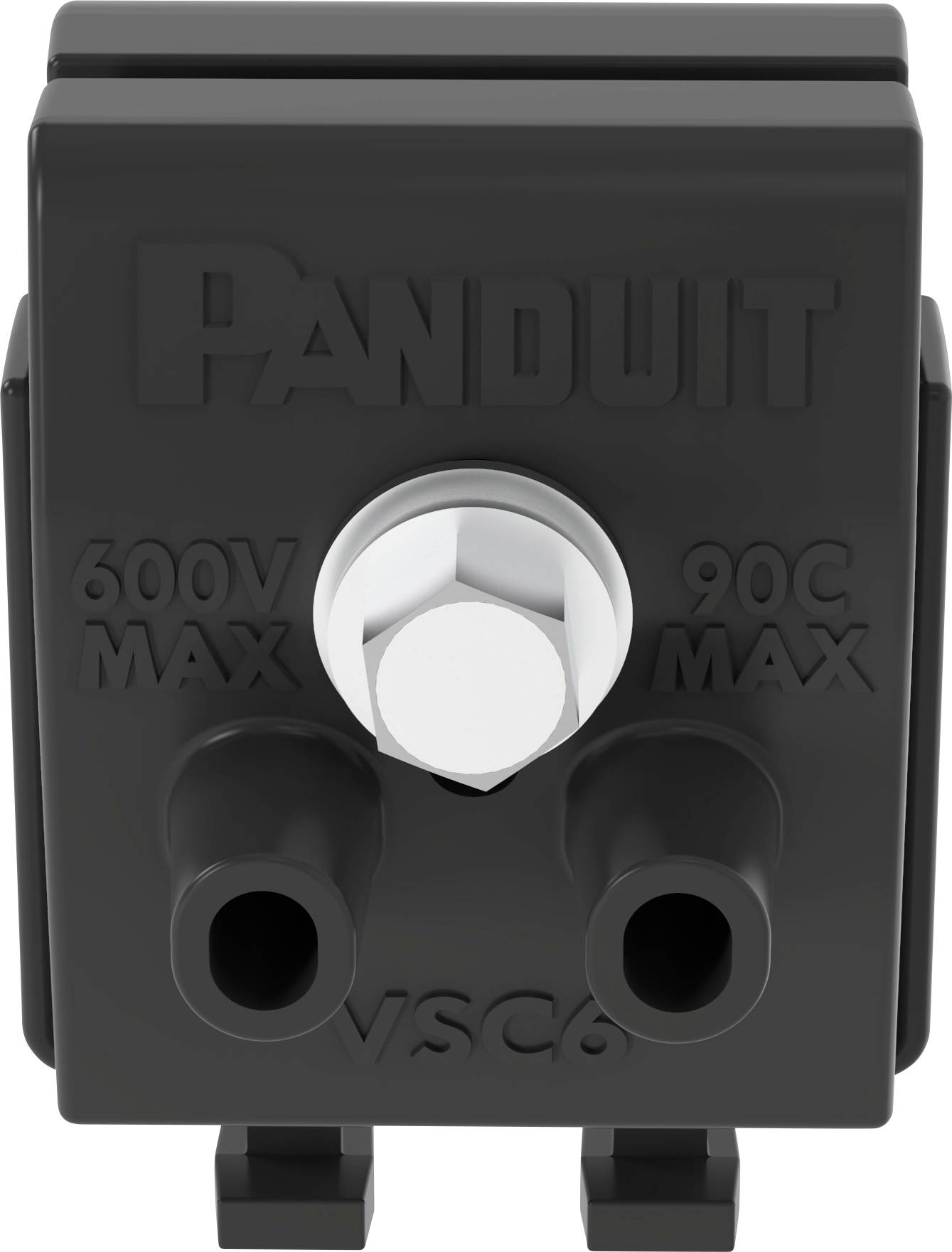 Frontansicht eines schwarzen Panduit-Verbindungsblocks mit den Angaben '600V MAX' und '90C MAX', zwei Eingabeports und einem zentralen Befestigungsbolzen für elektrische Anschlüsse.