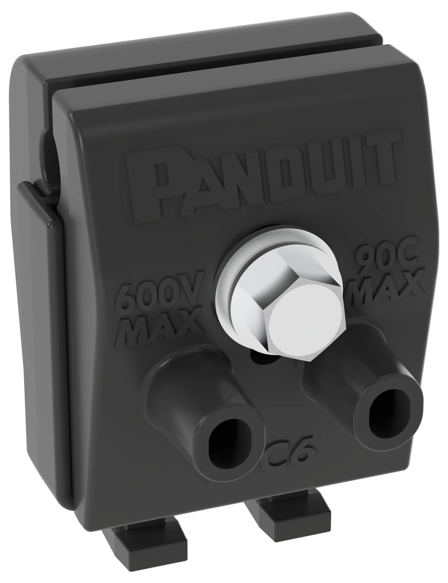 Eine schwarze elektrische Komponente mit der Bezeichnung 'PANDUIT', gekennzeichnet mit '600V MAX' und '90C MAX', mit zwei zylindrischen Anschlüssen und einem zentralen Befestigungsbolzen.