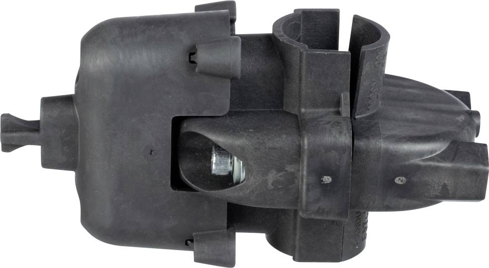 Ein Nahaufnahmebild einer schwarzen Kunststoff- und Metallkomponente mit mechanischen Elementen, bestehend aus einem zentralen zylindrischen Teil, sichtbaren Befestigungselementen und geformten Strukturen.