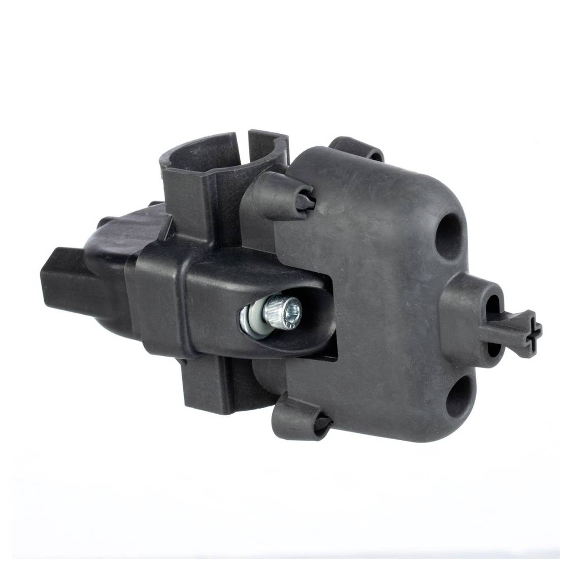 Ein schwarzes Kunststoff-Automobilbauteil mit mehreren Anschlüssen und einer sichtbaren Schraube, möglicherweise ein Magnetventil für Fahrzeugsysteme.