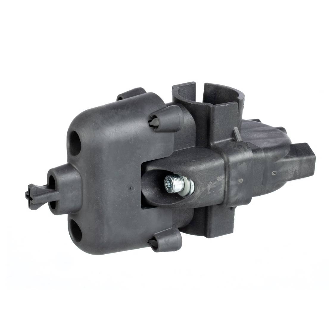 Eine schwarze elektronische Komponente mit einem zylindrischen Körper, herausragendem Anschluss und Befestigungsklammern liegt auf einem weißen Hintergrund.