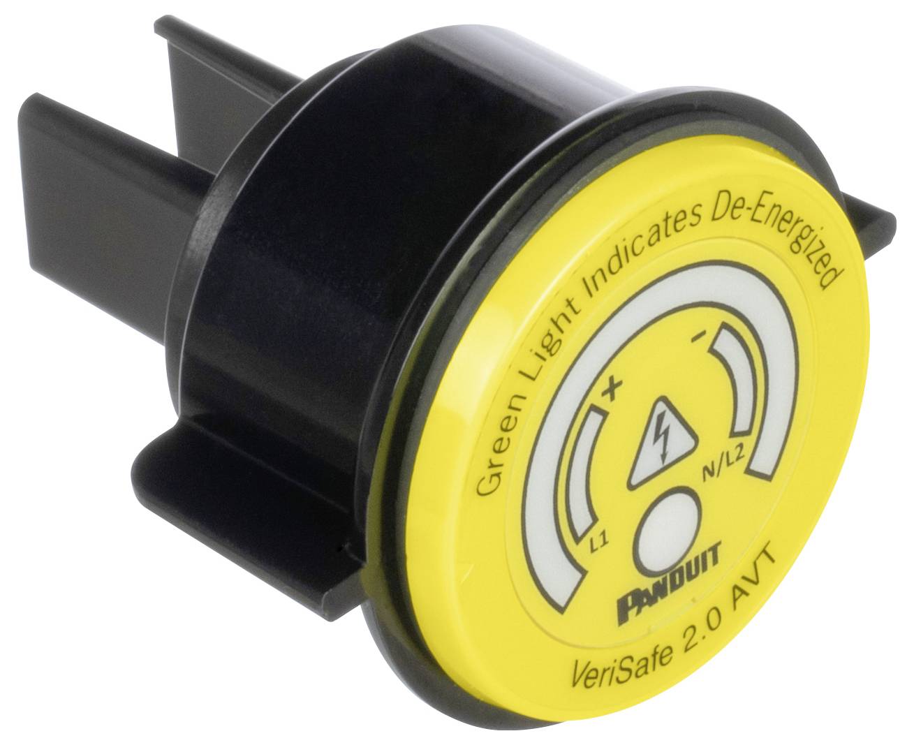 Eine runde elektrische Sicherheitsvorrichtung mit einem gelben Etikett, das den Text 